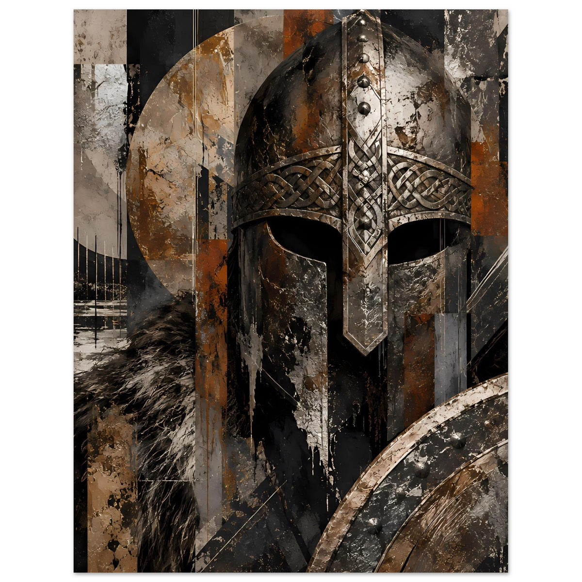 Art Poster im Hochformat: Wikingerhelm, Runenmuster und Rundschild, Schwarz-Braun