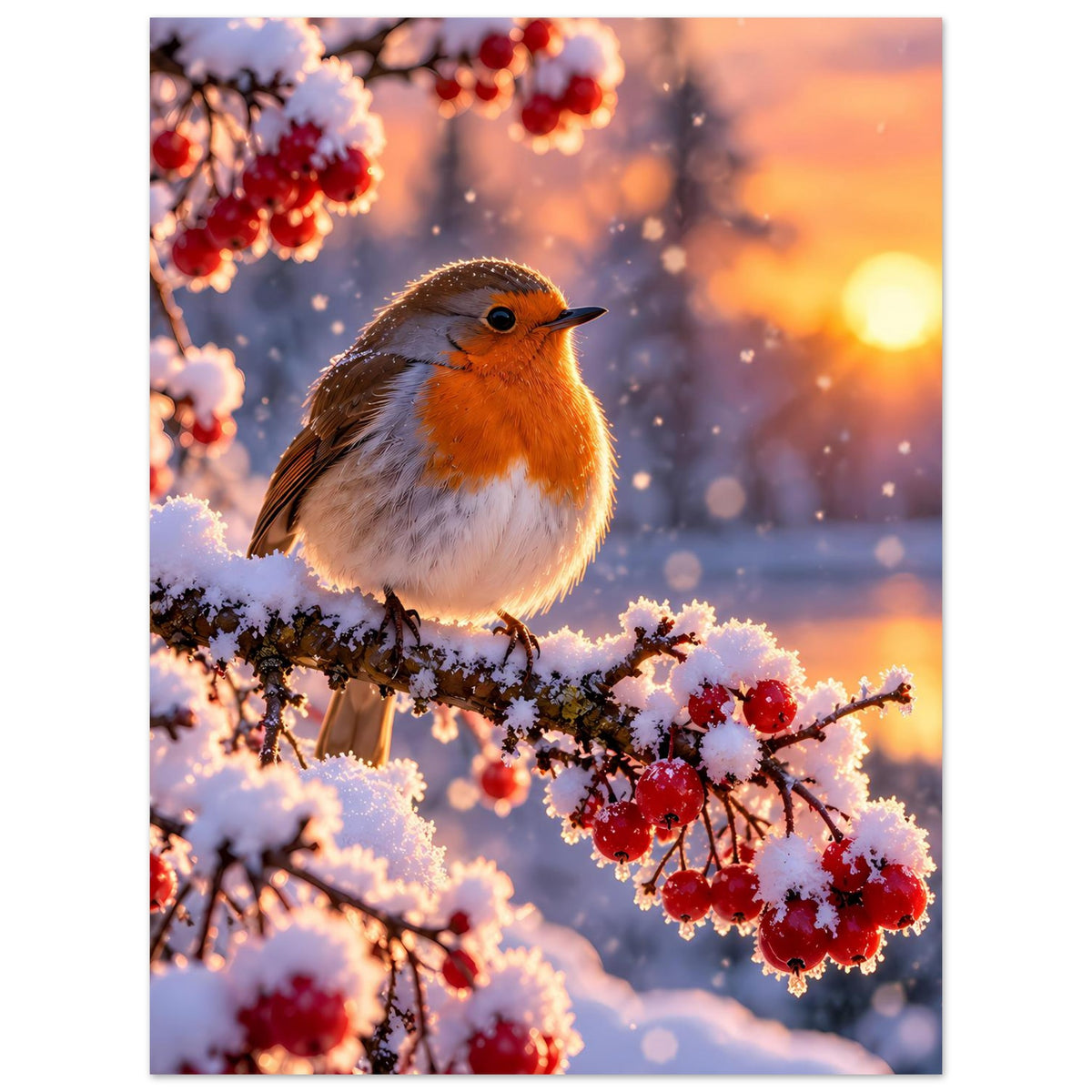 Poster im Hochformat: Rotkehlchen auf Ast mit roten Beeren, Schnee im Vorderbereich