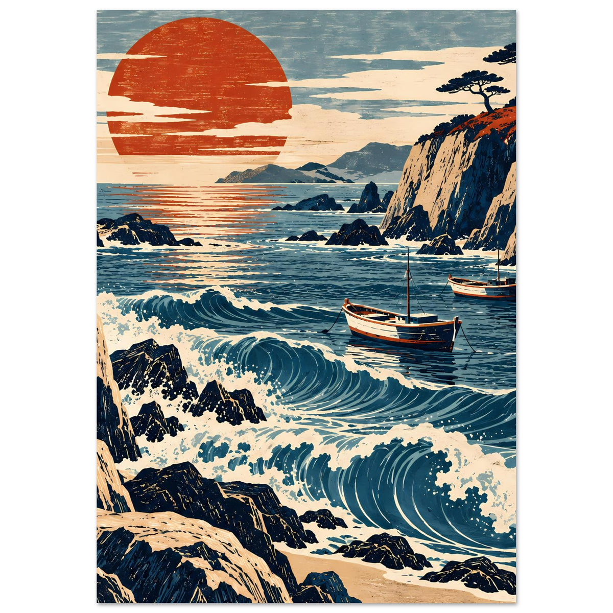 Vertikales Poster mit Küstenfelsen, Wellen und zwei Segelbooten unter roter Sonne