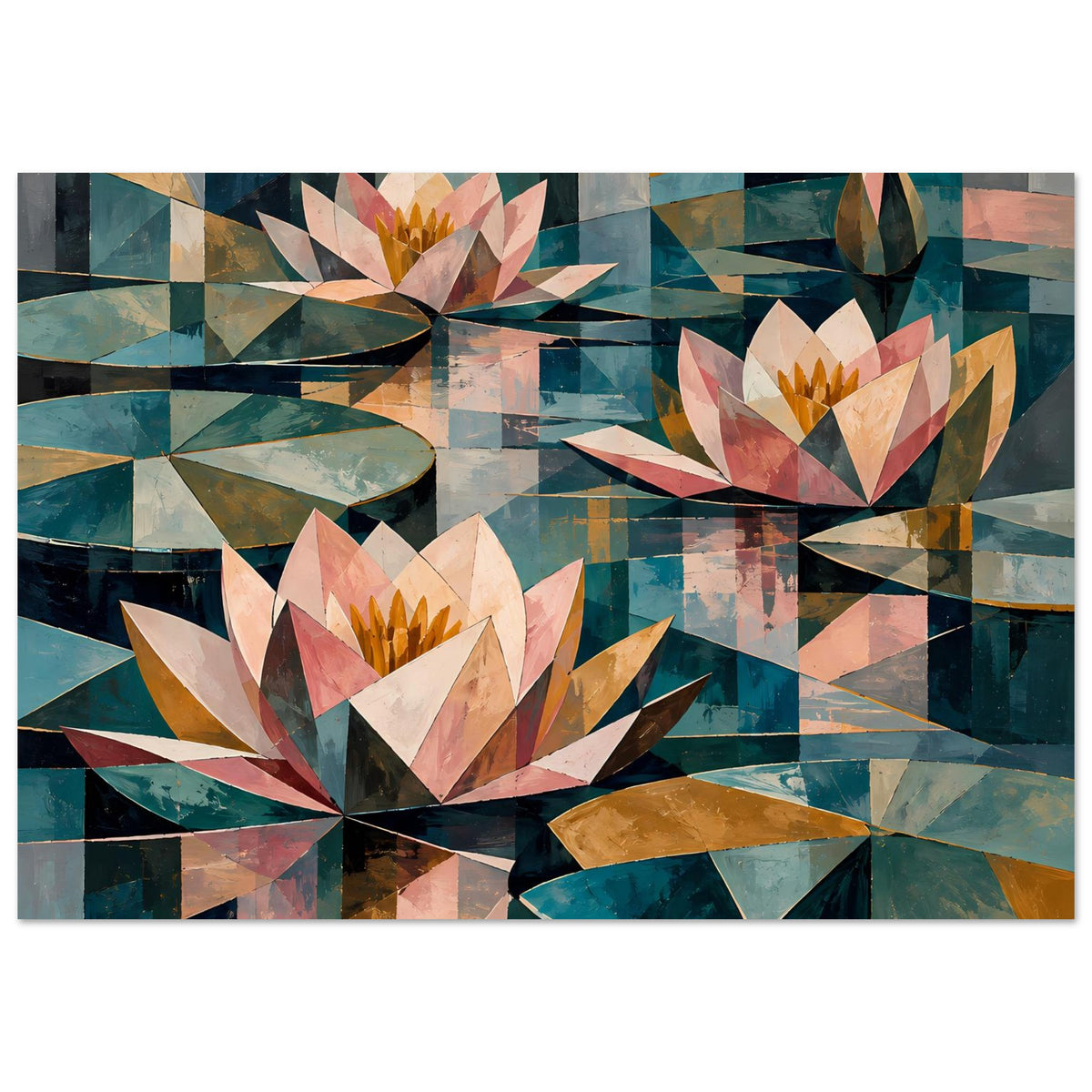Geometrisches Blumenposter: Seerosen in Pastell und Petrol mit goldenen Dreiecksflächen