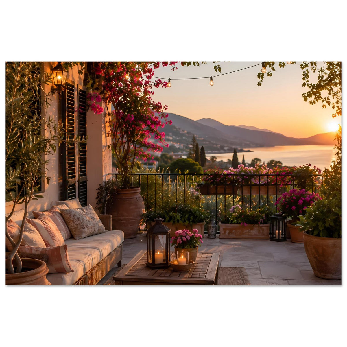 Kunstdruckposter Balkonblick bei Sonnenuntergang, Steinboden, Tischlaterne und Pflanzkübel