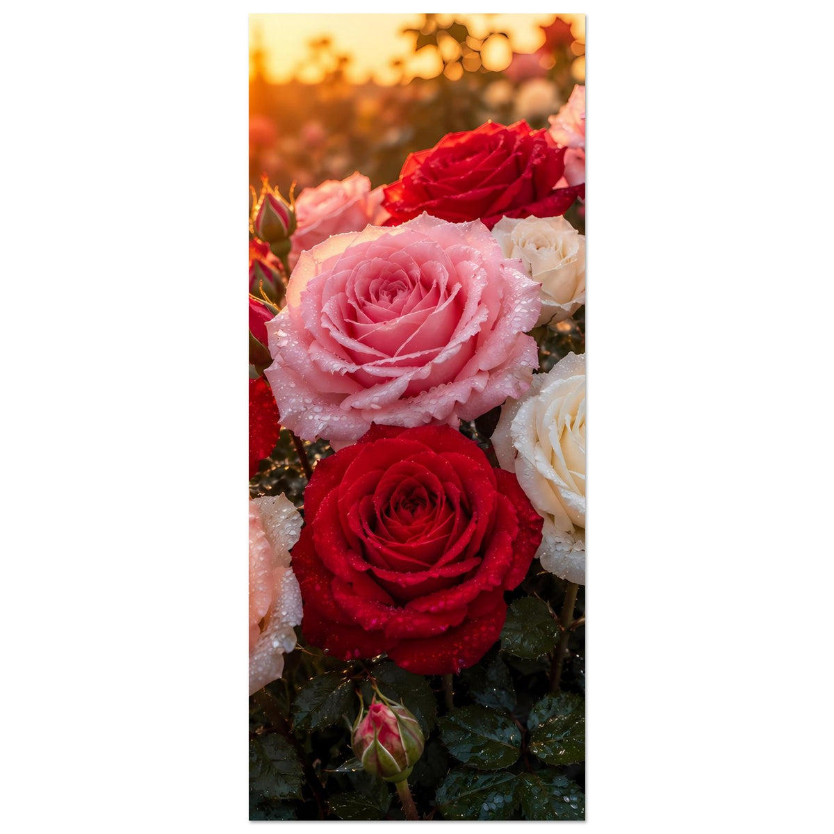 Rosenblüten-Poster im schmalen Hochformat: große rosa und rote Rosen