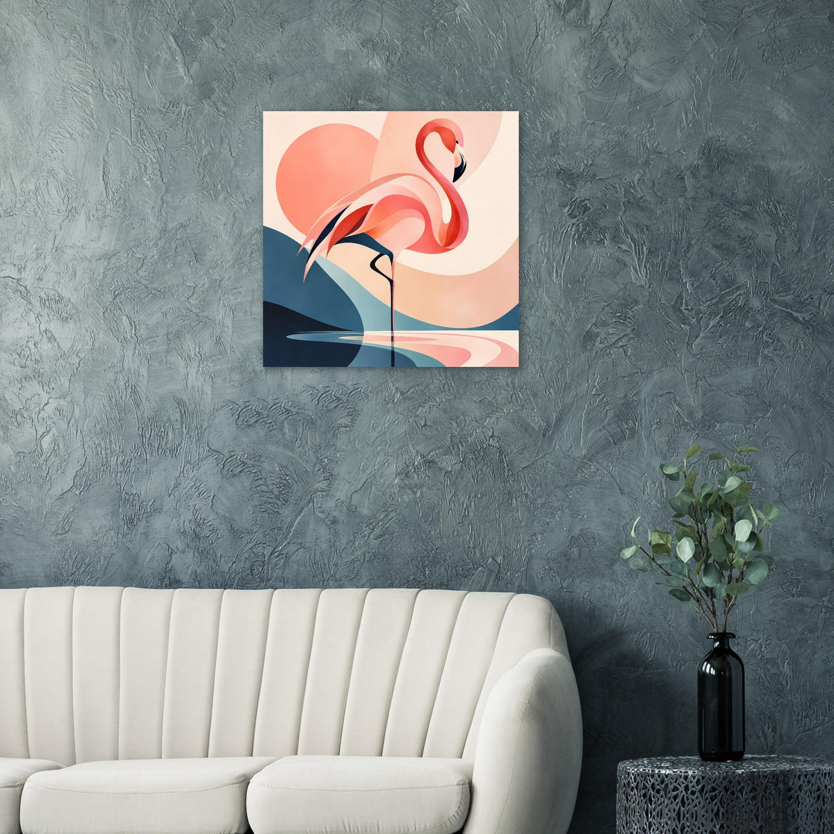 Gerahmter Kunstdruck: abstrakter Flamingo mit Sonnenuntergangsformen in Rot und Blau