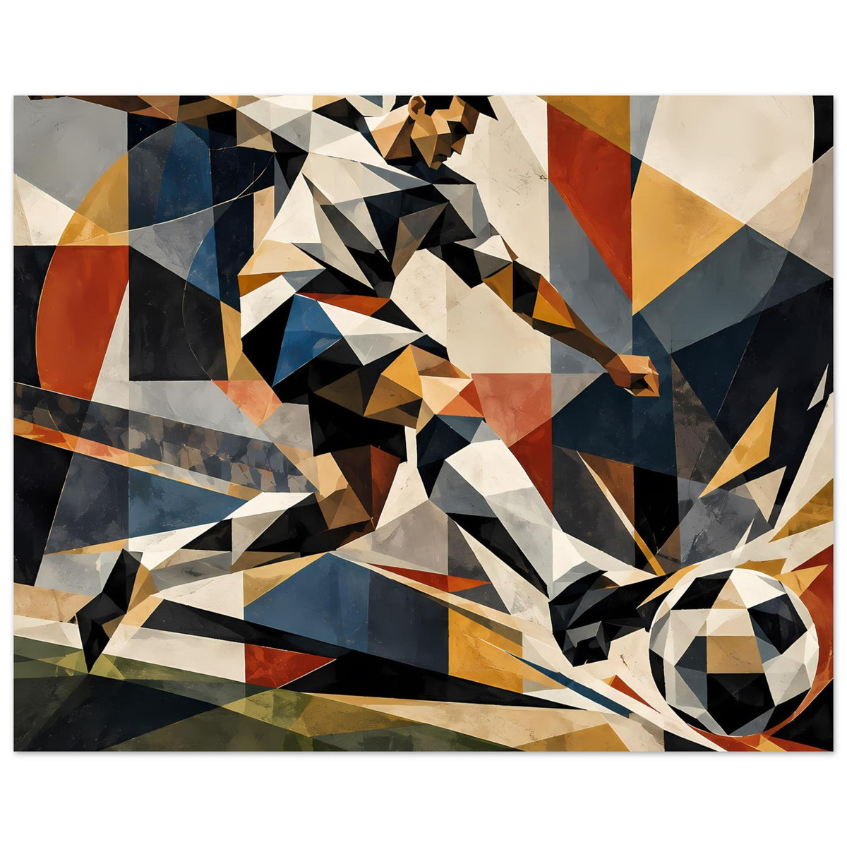 Abstraktes Fußballspieler-Poster mit geometrischen Linien und Ball, überwiegend Blau, Beige und Schwarz