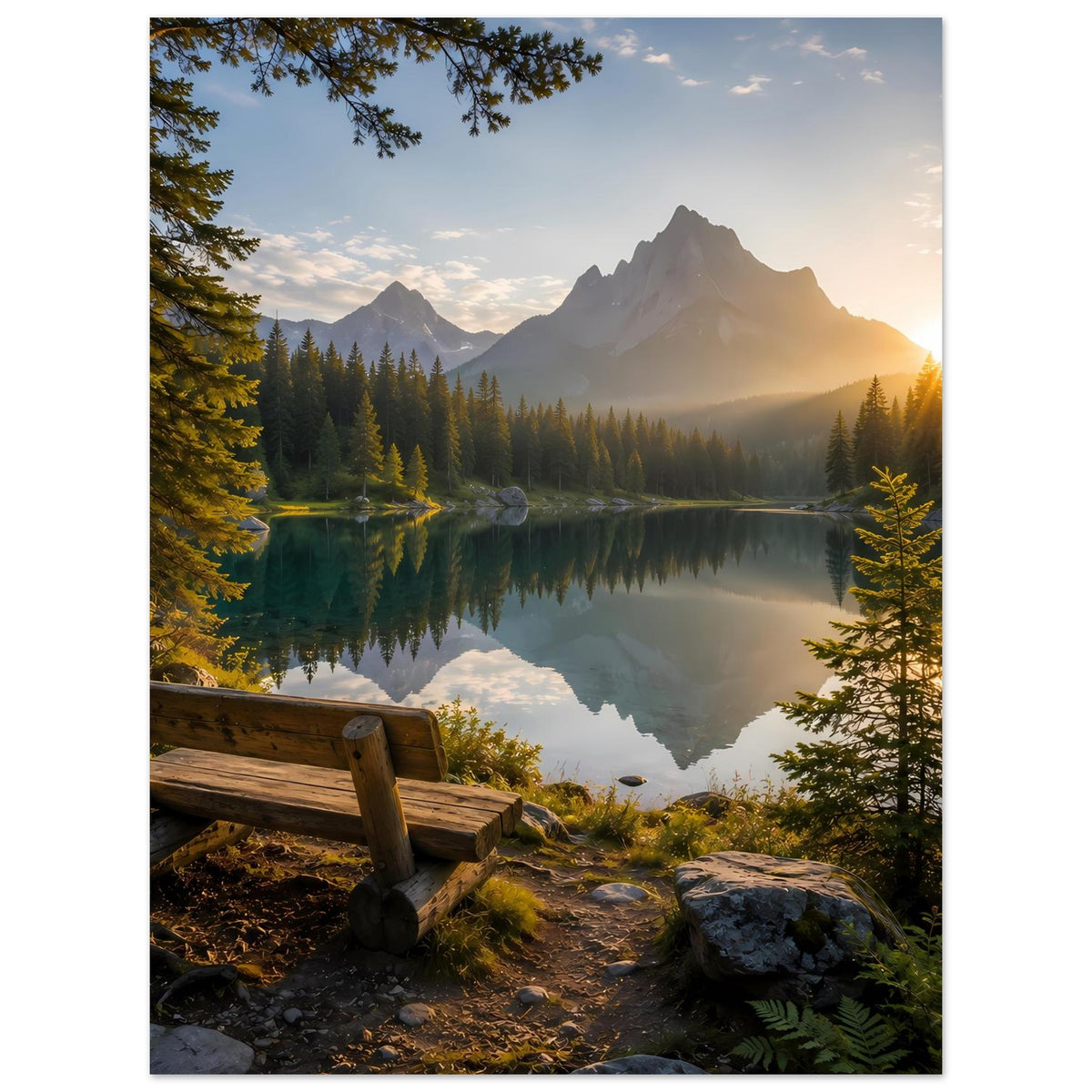 Poster mit Sonnenaufgang über Bergsee, Tannenwald und Holzbank im Vordergrund