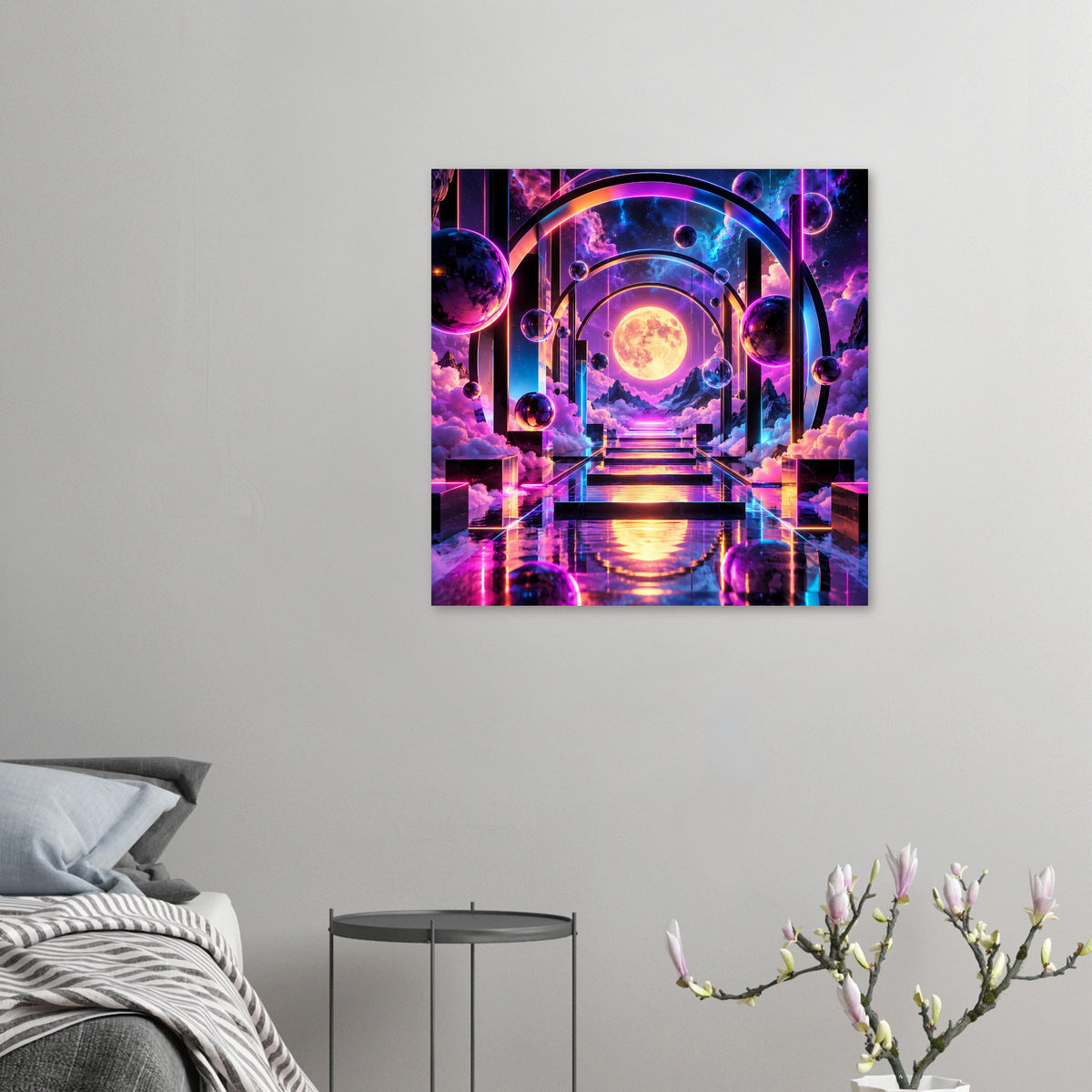 Kleines Poster mit futuristischem Tor, gelber Mondscheibe und lila Planeten