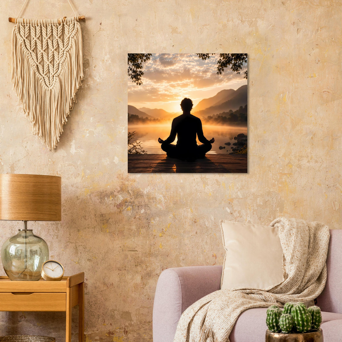 Quadratisches Meditationsposter: sitzende Silhouette beim Sonnenaufgang am ruhigen Wasser