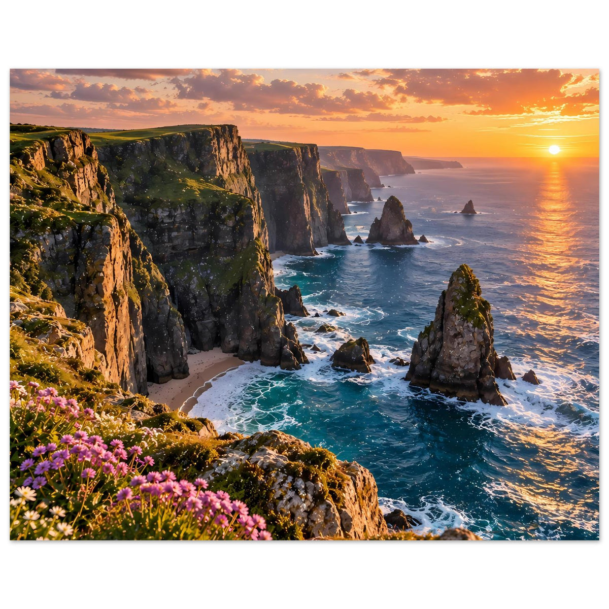 Querformat Poster mit Küstenfelsen, reflektierendem Meer bei Sonnenuntergang und pinken Blüten