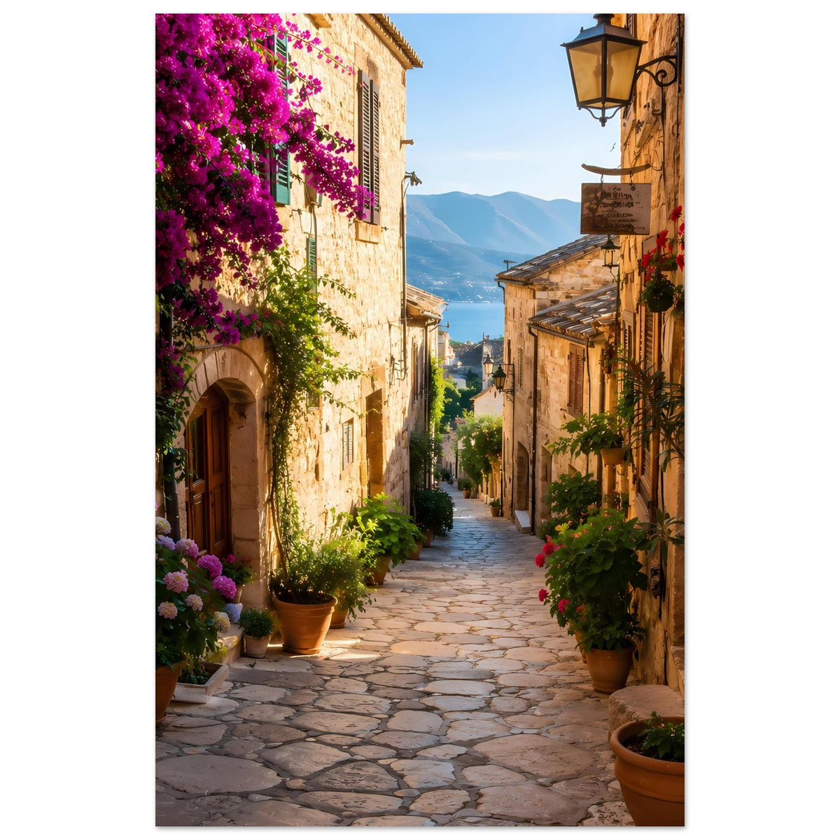 Poster im Hochformat mit mediterraner Gasse, gepflastertem Weg, Töpfen und lila Blumen.