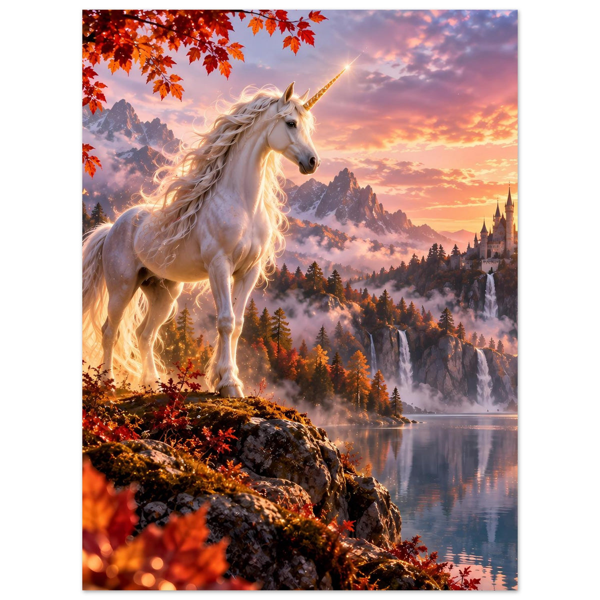 Einhorn-Fantasy-Poster (Hochformat) mit weißem Einhorn, See und Schloss im Sonnenlicht