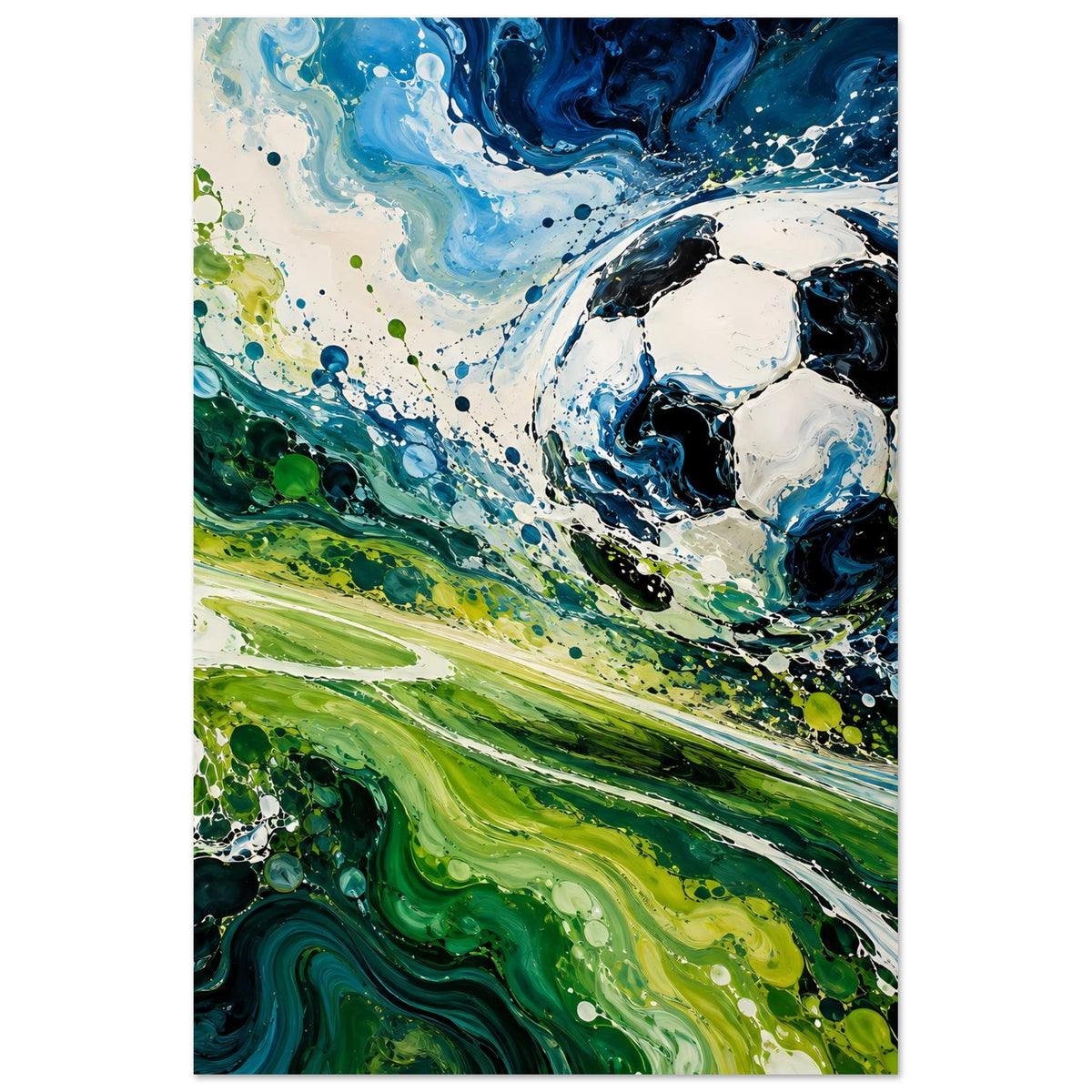 Fußball-Kunstposter mit abstrakter Kugel, blau-grüne Farbspritzer und Spritzen, hochformatig