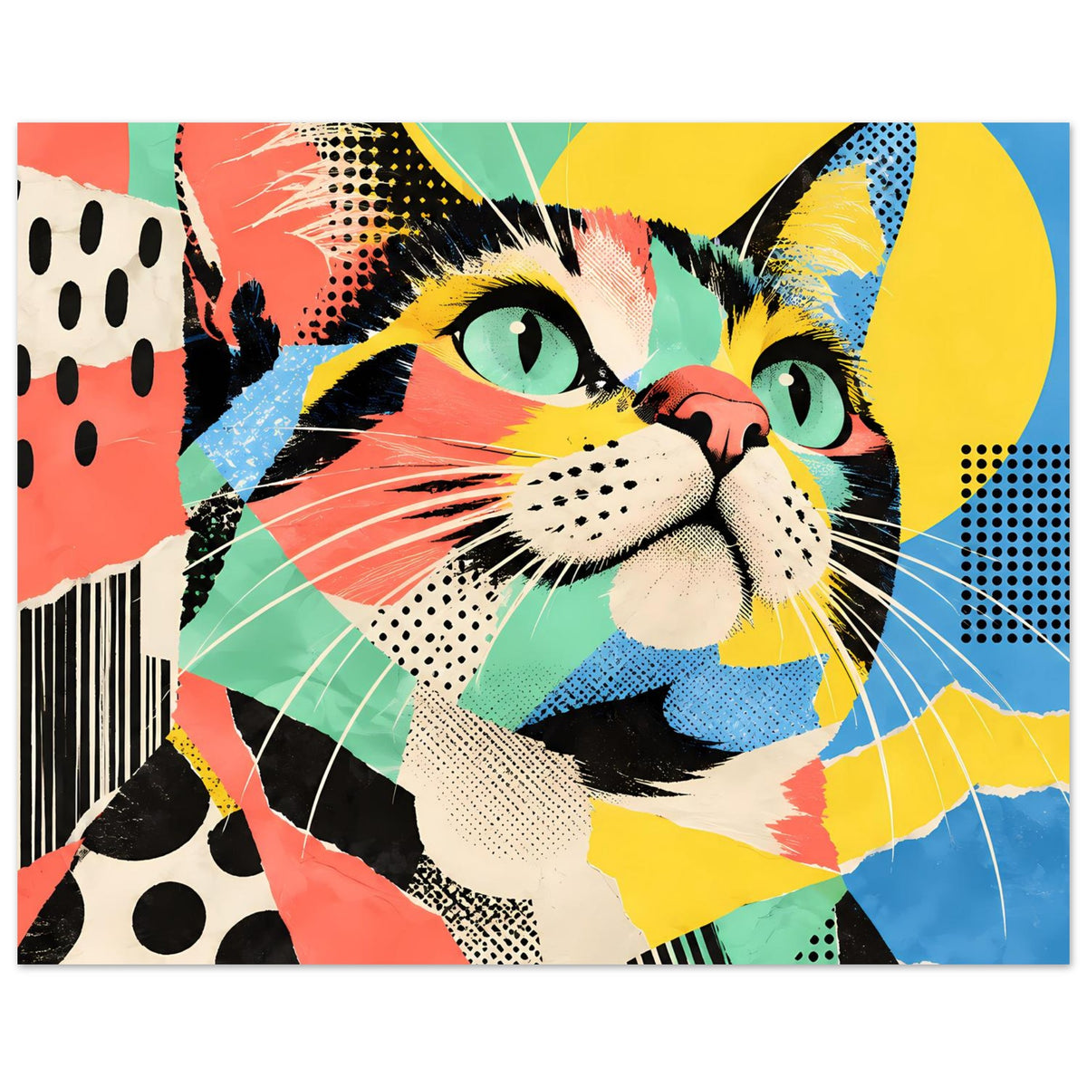Pop-Art-Katzenposter mit zentrierter Katze, grafische Muster aus Linien, Punkten und Farbflächen