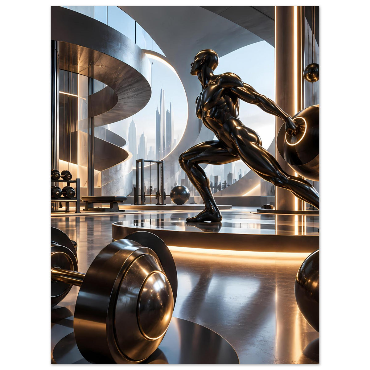 Fitness-Poster im Hochformat: goldfarbene Figur, Hanteln und Metallgewichte