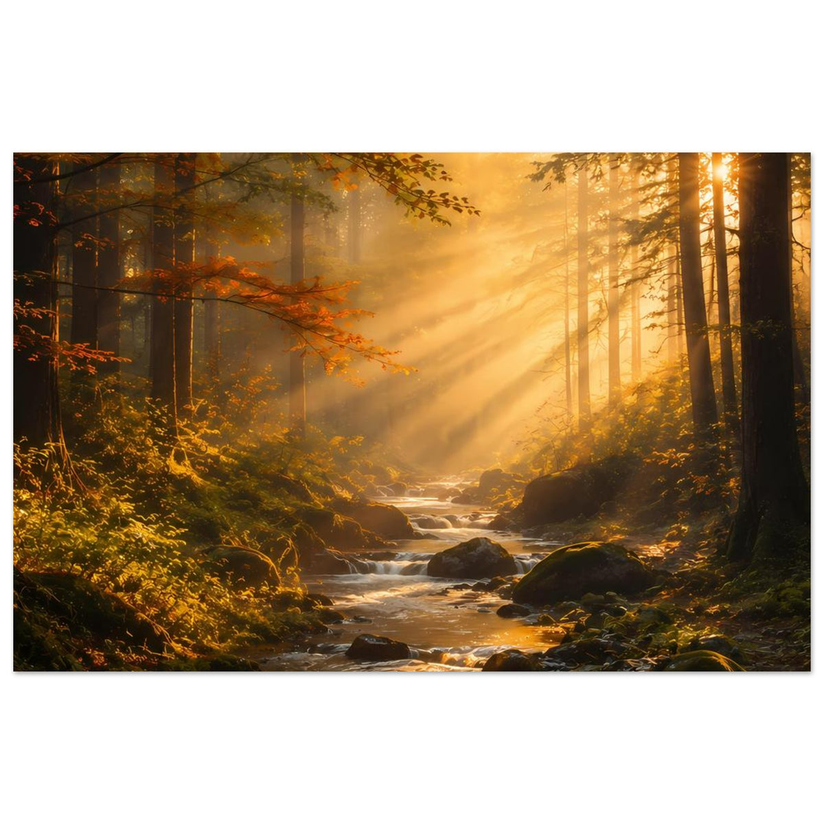 Poster Wald-Sonnenaufgang quer: Bachlauf mit Steinen, goldener Himmel, dunkle Baumreihen
