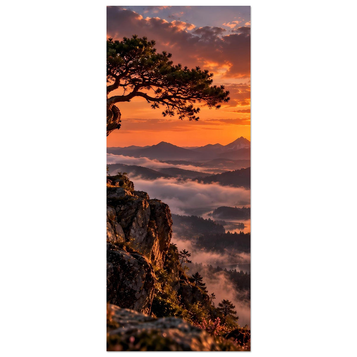Poster: schmalformatiges Motiv mit Baum auf Felsen, Sonnenuntergang über Bergen und Nebel