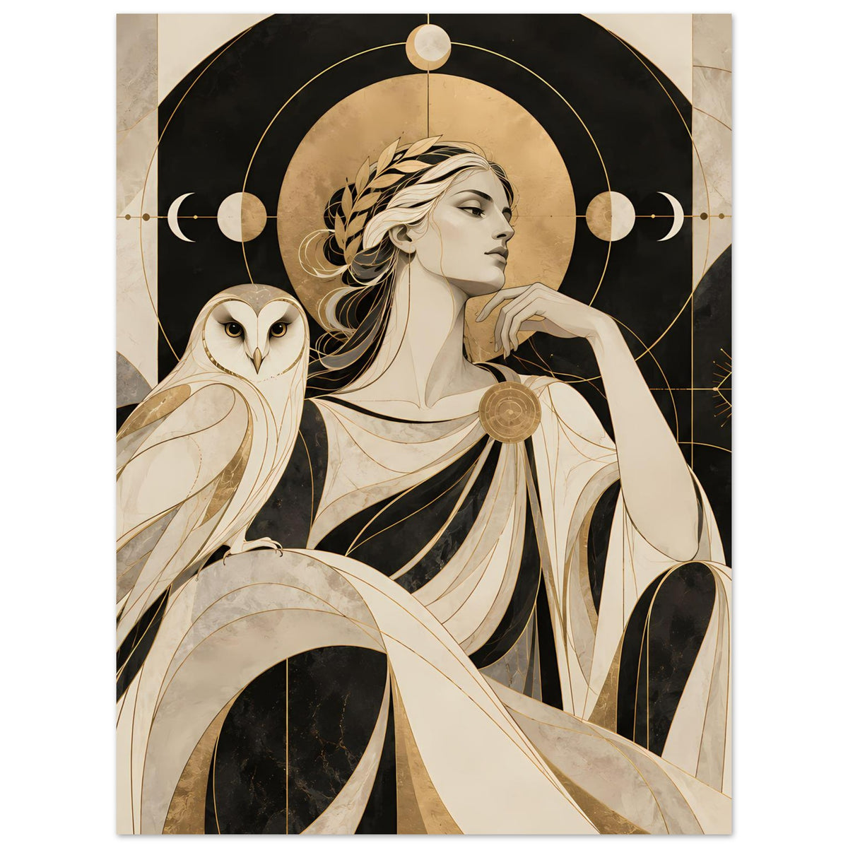 Kunstposter im Hochformat mit Frau und Eule, Blattkranz und Kreissymbolen in Gold