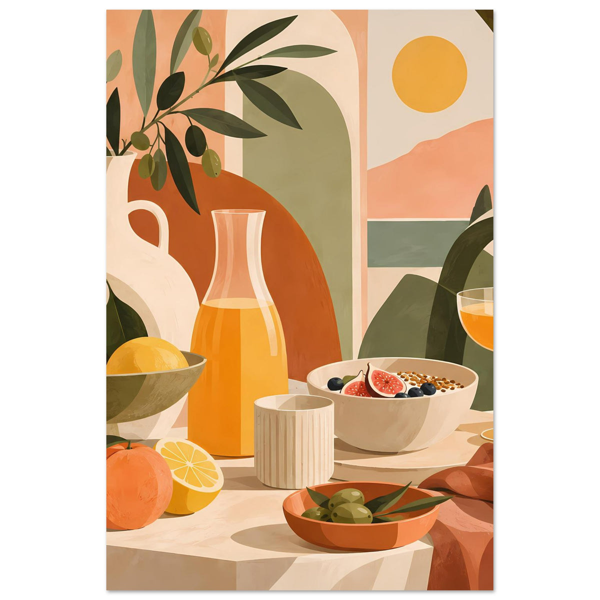 Küchen-Poster im mediterranen Stil: Krug, Obst und Schale, Weinglas rechts im Bild