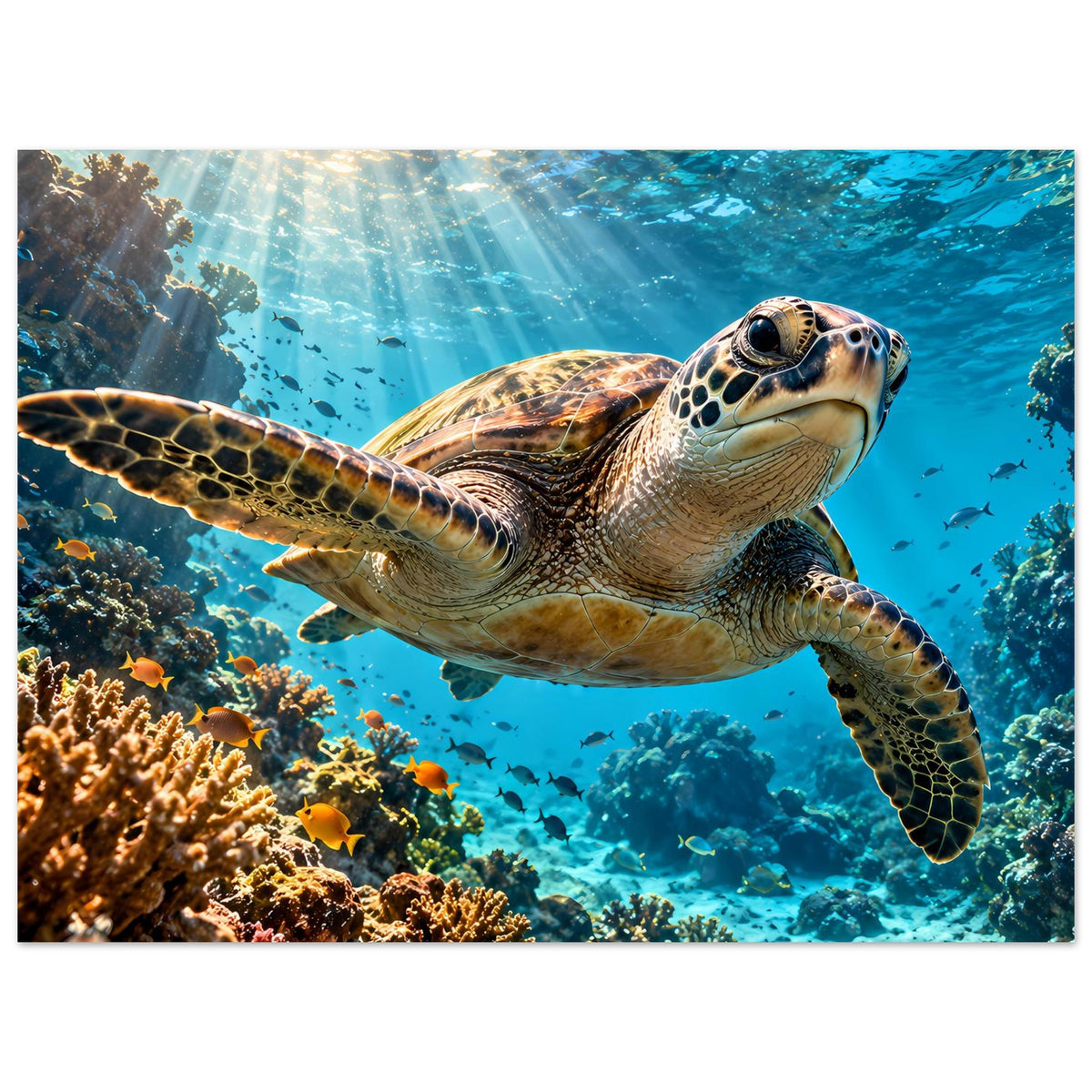 Meeresschildkröten-Poster im Querformat: Große Schildkröte über Korallen, kleine Fische im Wasser