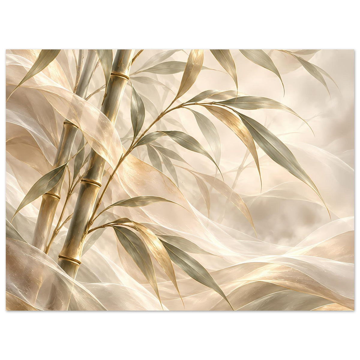Bambus-Poster mit Bambusblättern und goldenen Halmen, sanfte Elfenbeintöne, horizontal
