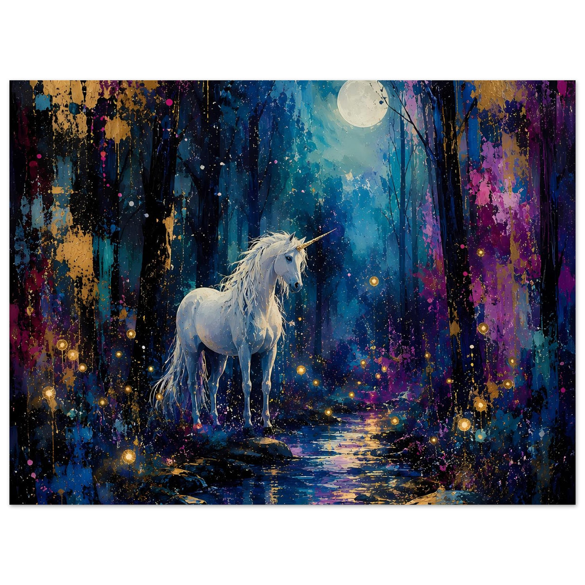 Einhornposter mit weißem Einhorn vor Mond über Waldweg, Farbverlauf, funkelnde Lichtpunkte, Querformat