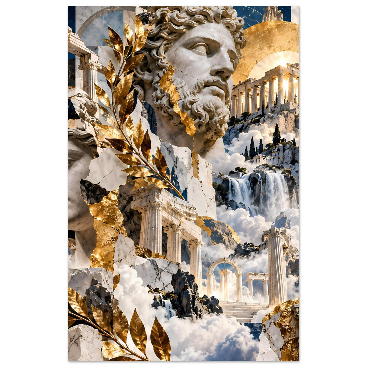 Vertikales Griechisches Mythologie-Collageposter mit Statue, Säulen und goldenen Pflanzenornamenten