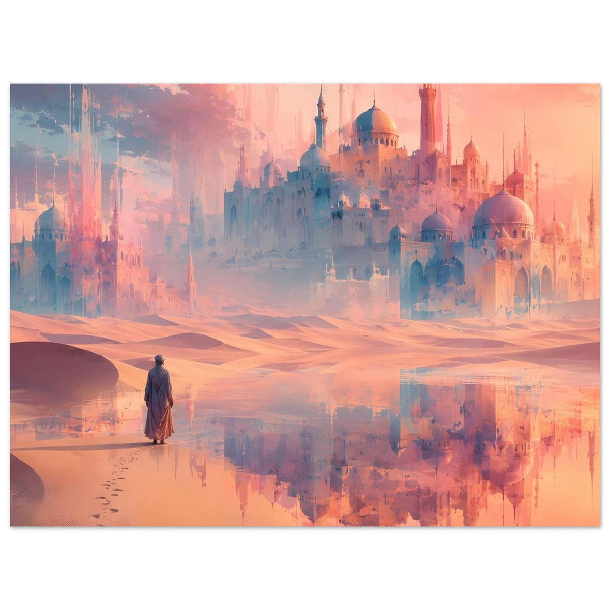 Wandposter: orientalischer Palast mit Kuppeln, Wüstenpfad, gehende Person und Spiegelung