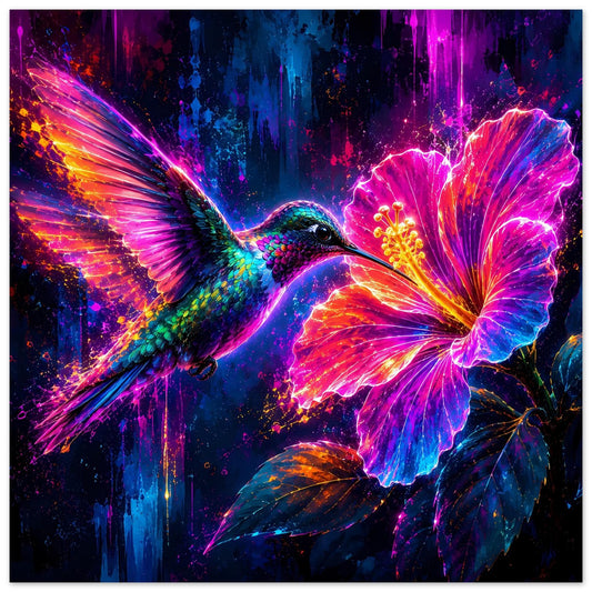Poster mit leuchtendem Kolibri und Hibiskus in bunten Neonfarben