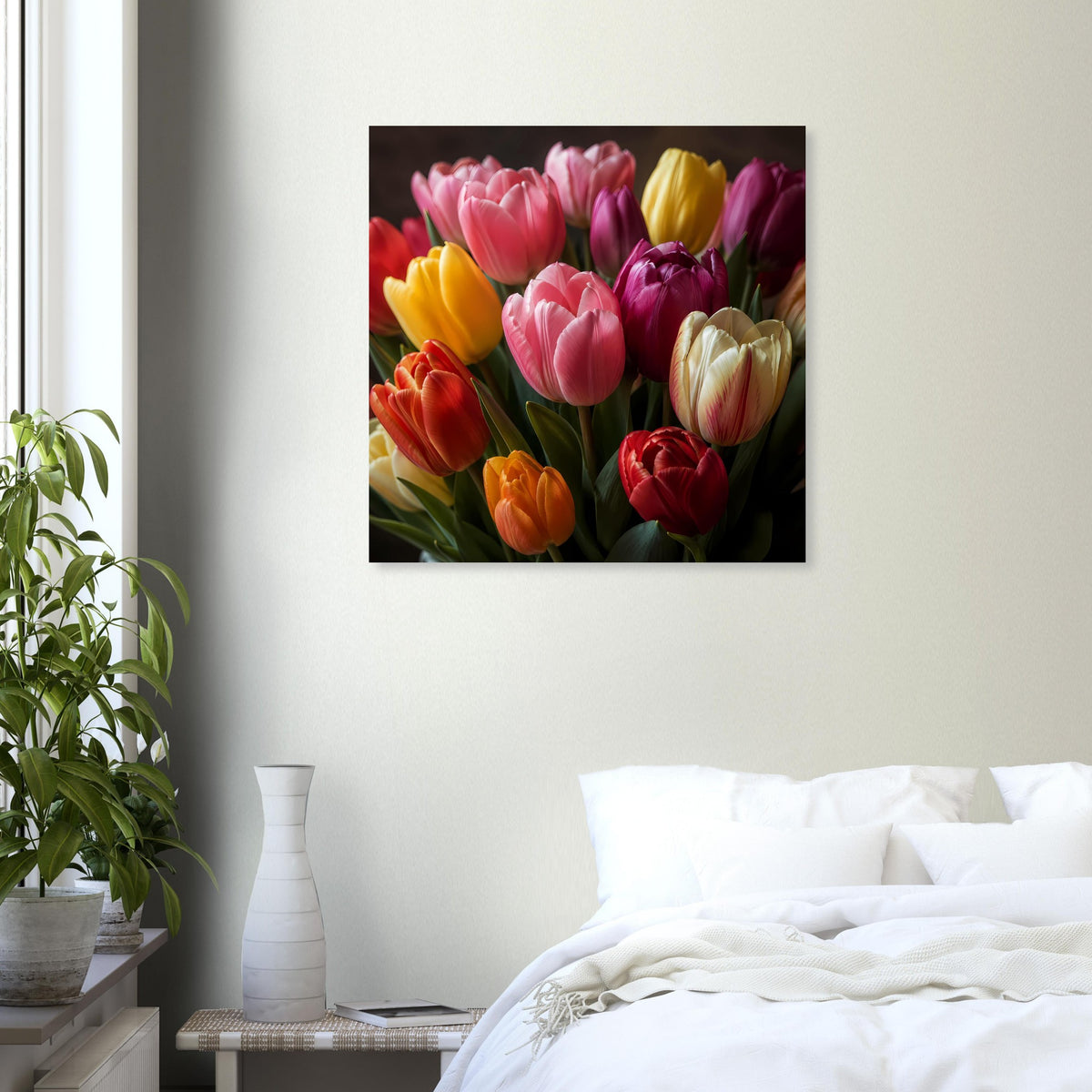 Quadratisches Wandposter mit buntem Tulpenstrauß in Pink, Gelb und Rot