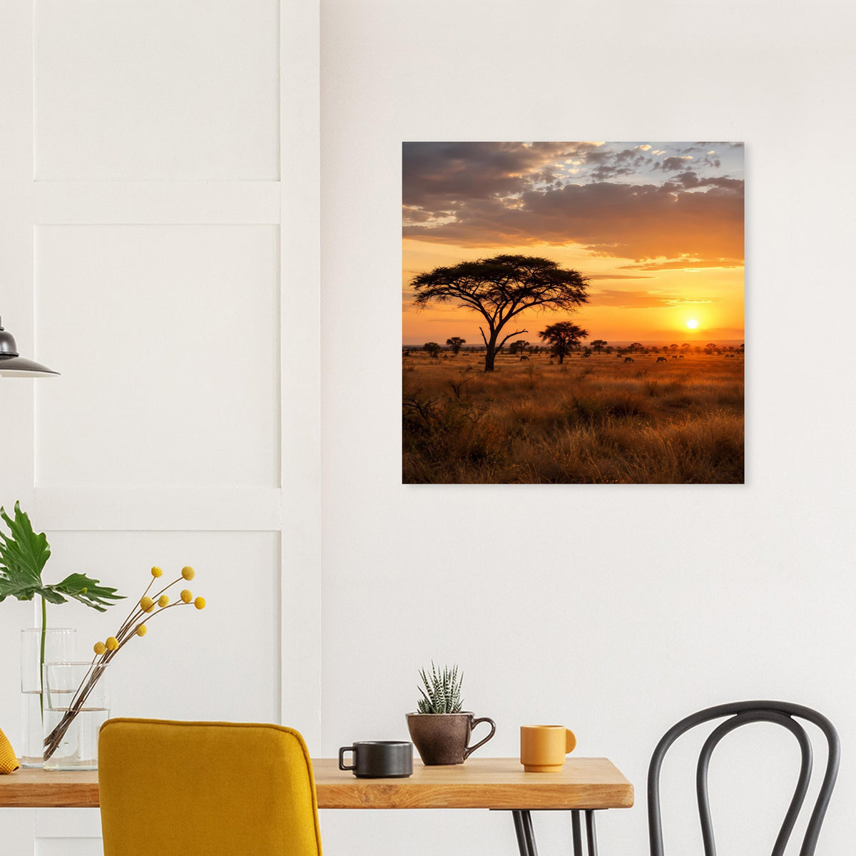 Quadratisches gerahmtes Poster mit Savanne, Akazienbaum und Sonne am Horizont