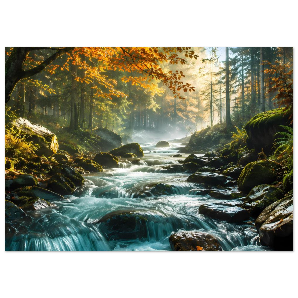 Wandposter mit Wasserfallstrecke, türkisfarbenen Strudeln, Felsen und Wald im Dämmerlicht