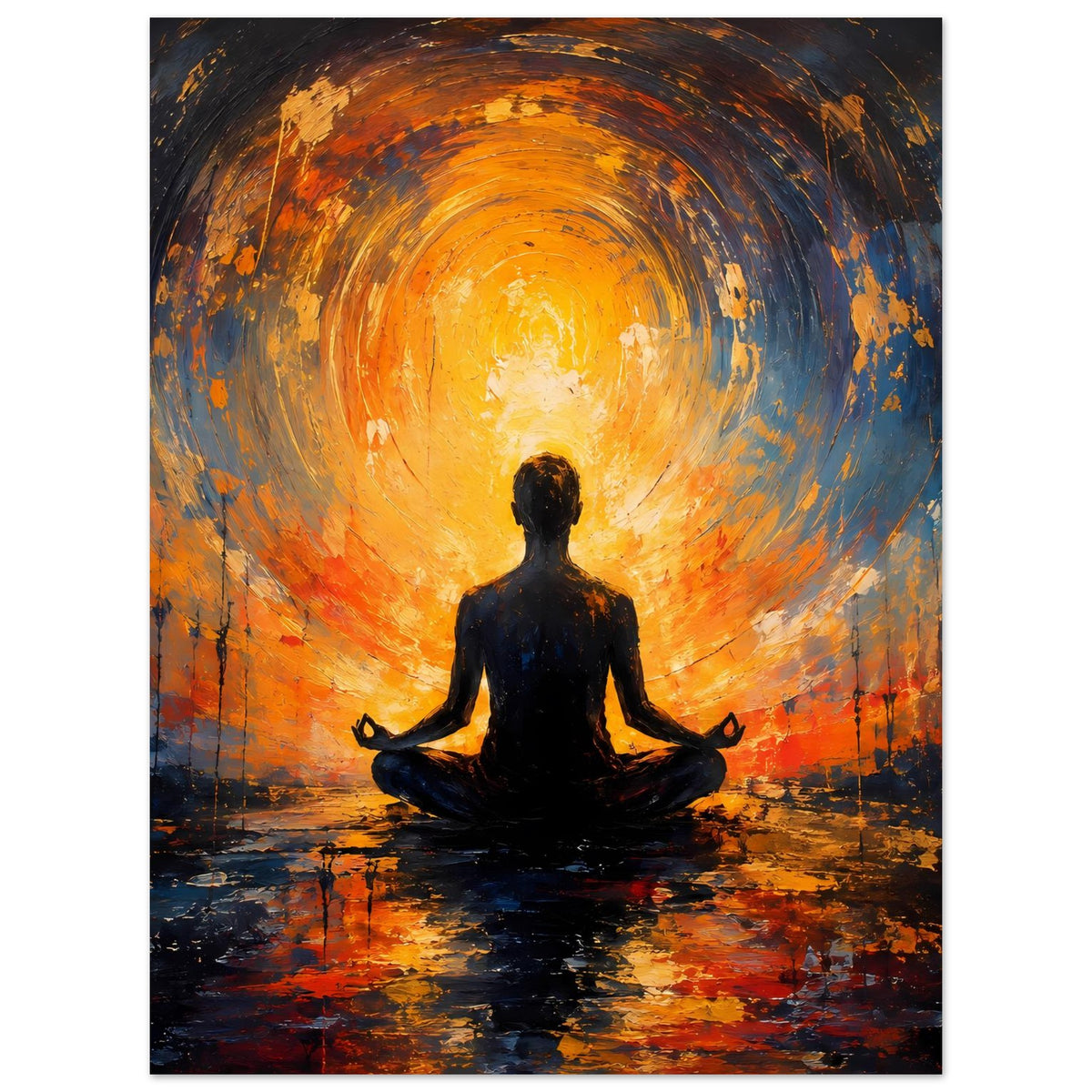 Abstraktes Poster: Meditierende Silhouette im orange-blauen Sonnenhalo mit Spritzoptik
