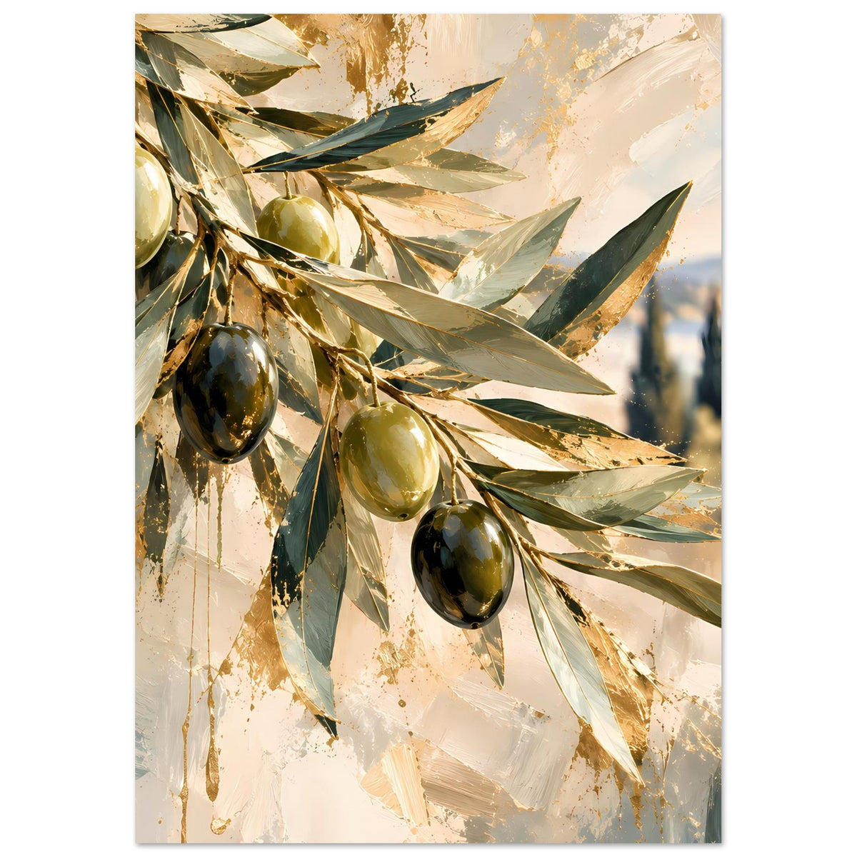 Vertikales Olivenzweig-Kunstposter mit goldenen, grünen und dunkelgrünen Oliven und Blättern