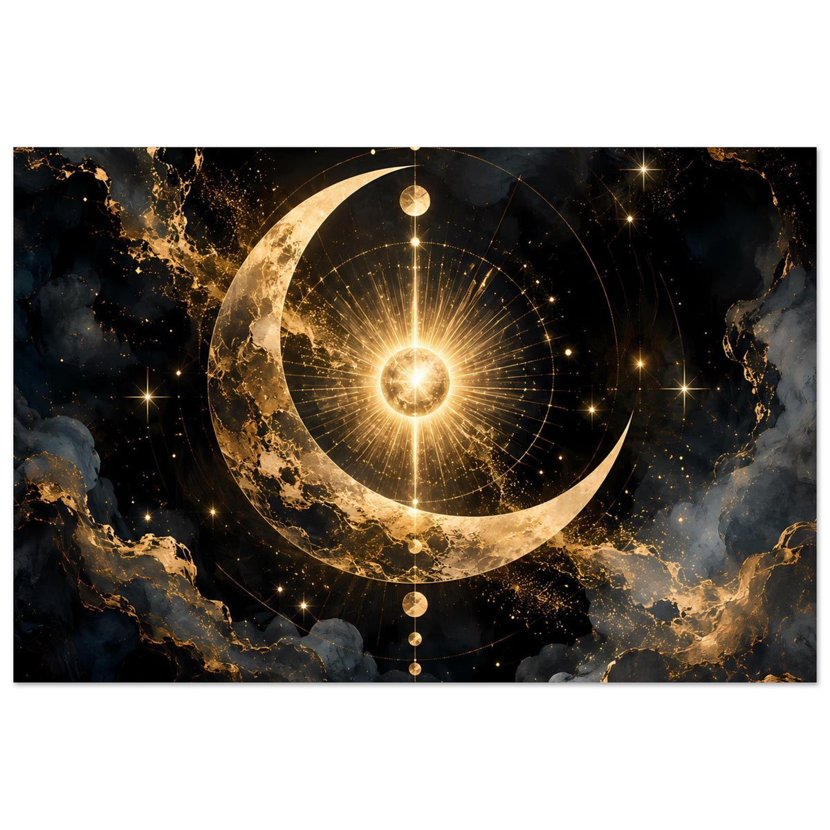 Poster im Querformat: goldene Mondsichel, leuchtendes Sternenrad und Perlenkette