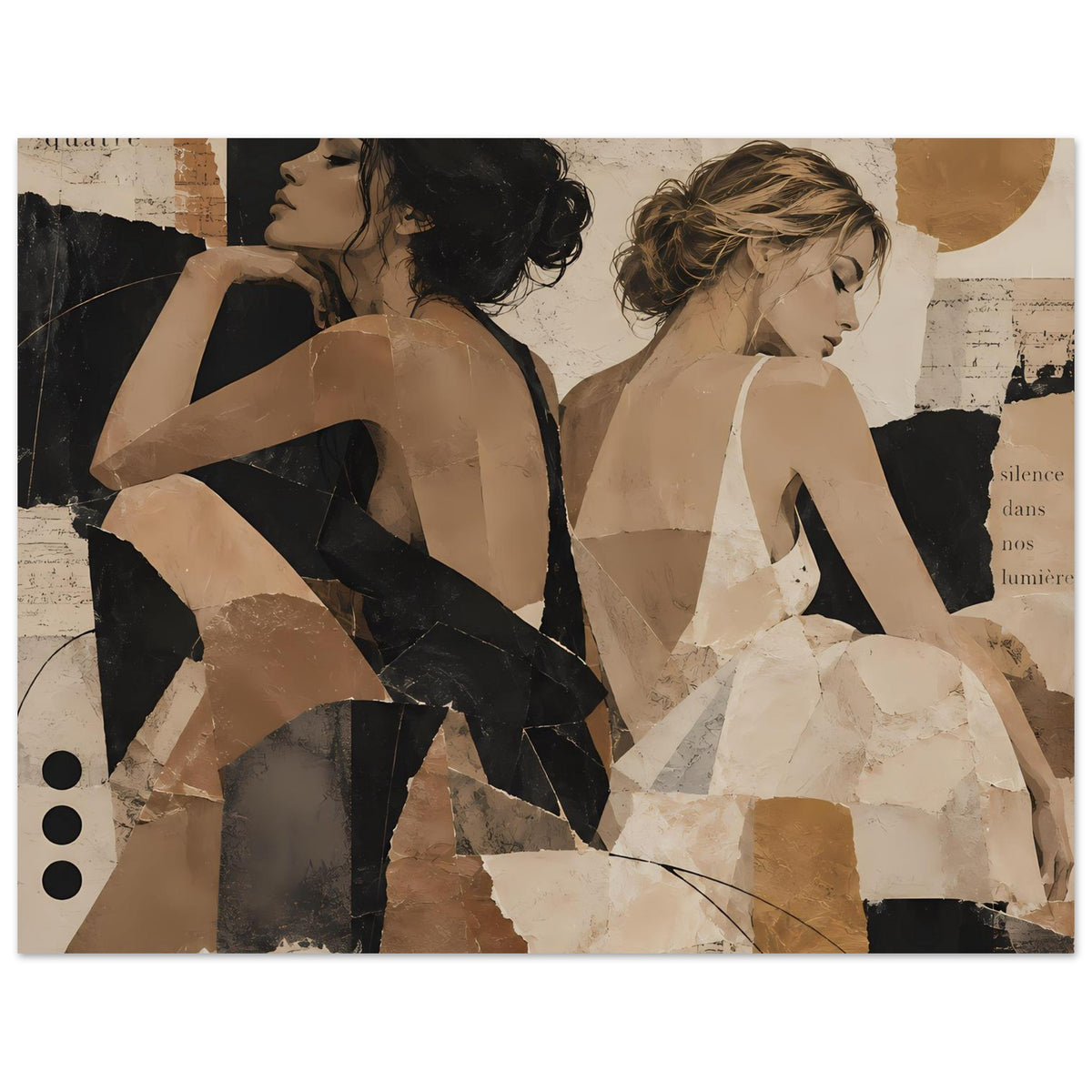 Collage-Poster mit zwei Frauen im Profil, warmes Erdbraun, Beige, schwarze Flächen im Kontrast