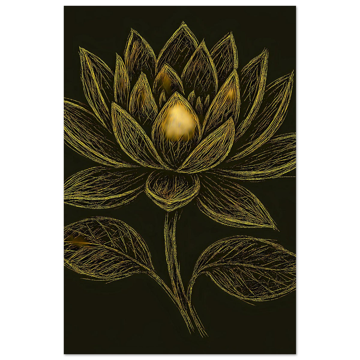 Poster mit goldener Lotusblüte und Blättern auf dunklem Hintergrund, klare Konturen