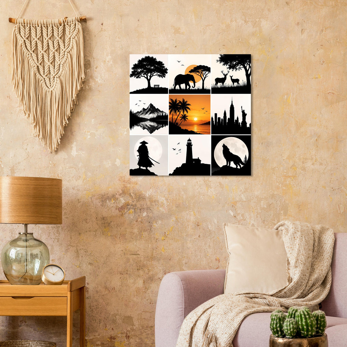 Quadratisches Poster mit 3x3 Kacheln: Tiere, Landschaften und Stadtmotive, schwarz, orange