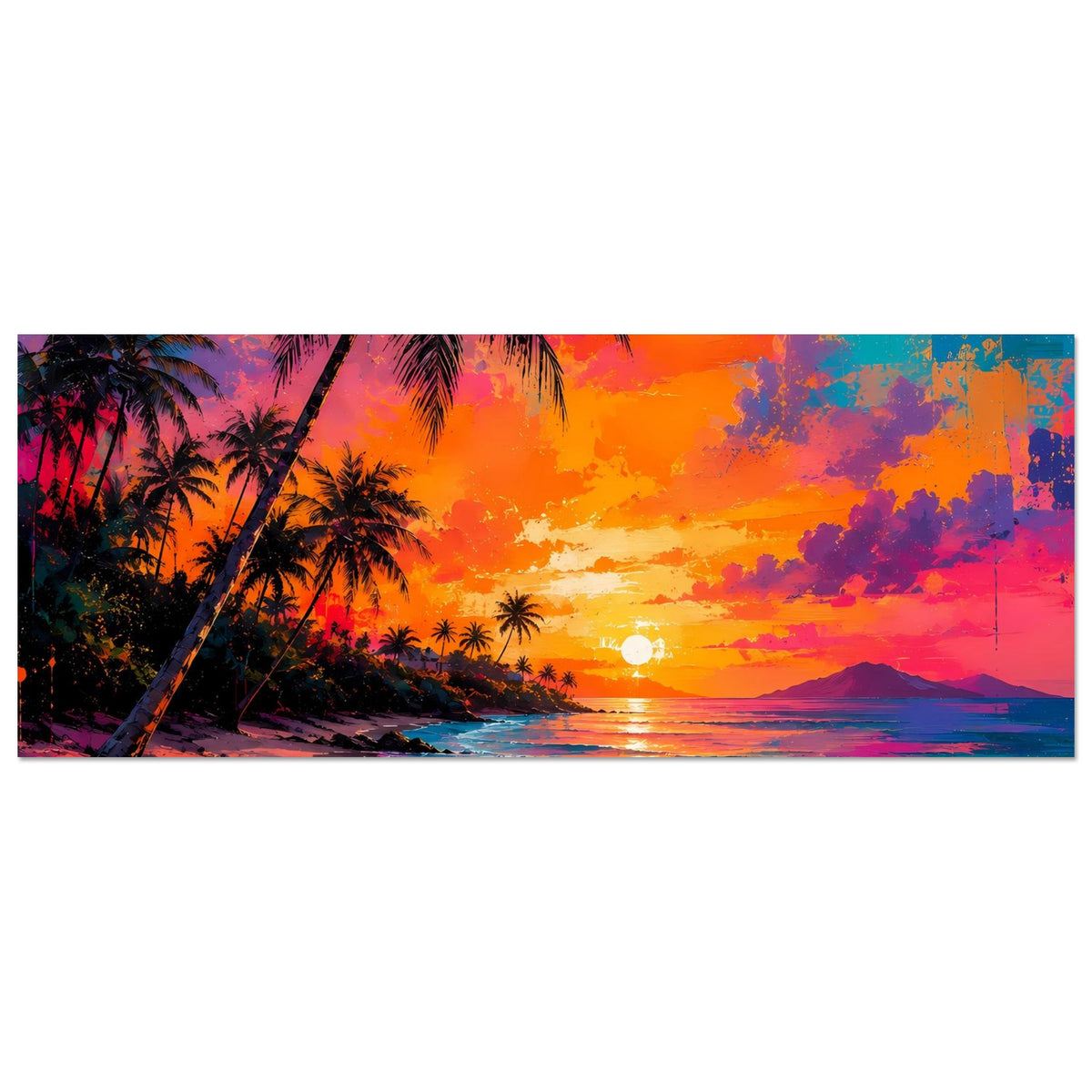 Neon-Palmenstrand-Poster im Querformat: Palmen, Sonnenuntergangs-Sky und Küste