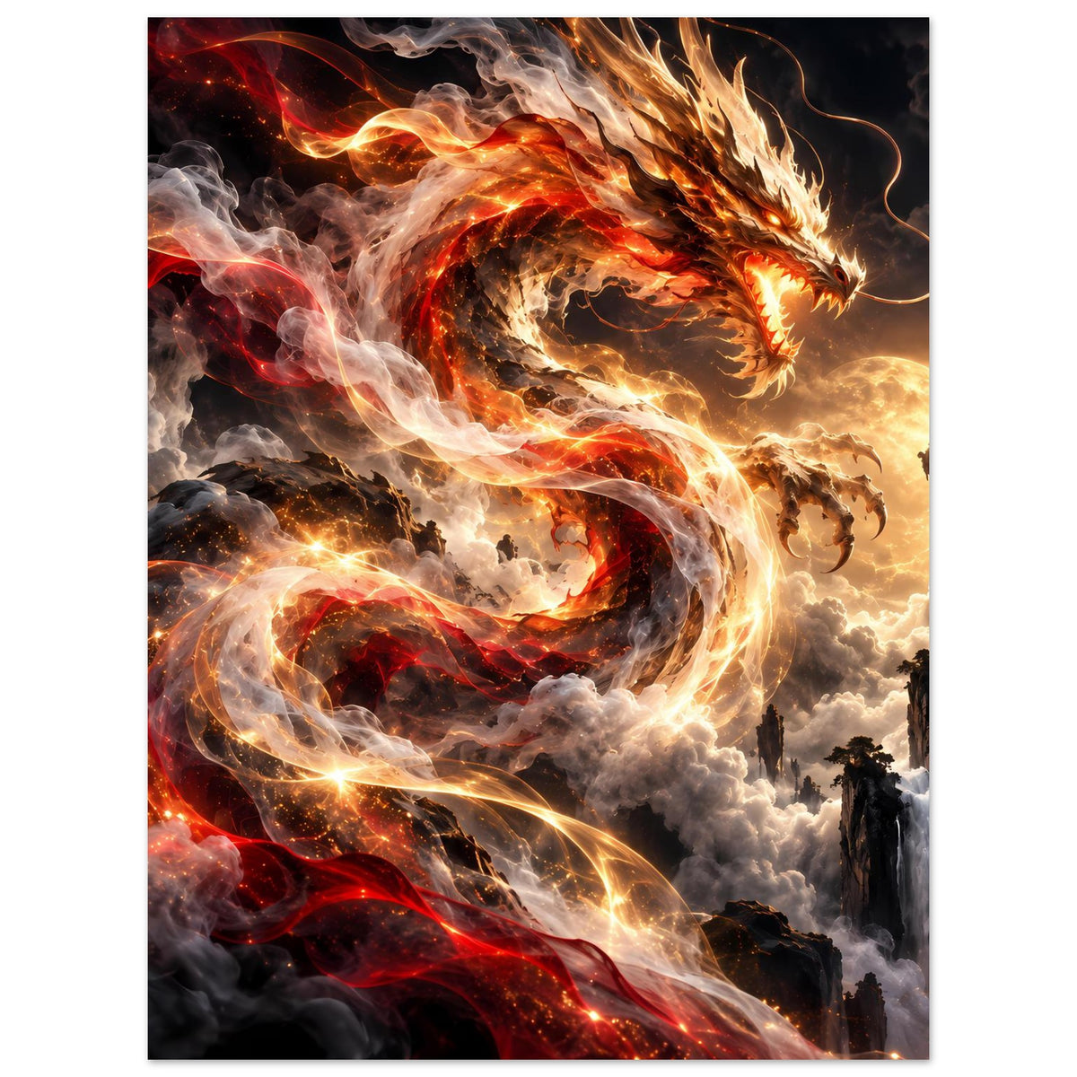 Fantasy-Poster: Feuerdrache mit leuchtenden Glutlinien, umwirbelt von Rauch und Feuerfunken