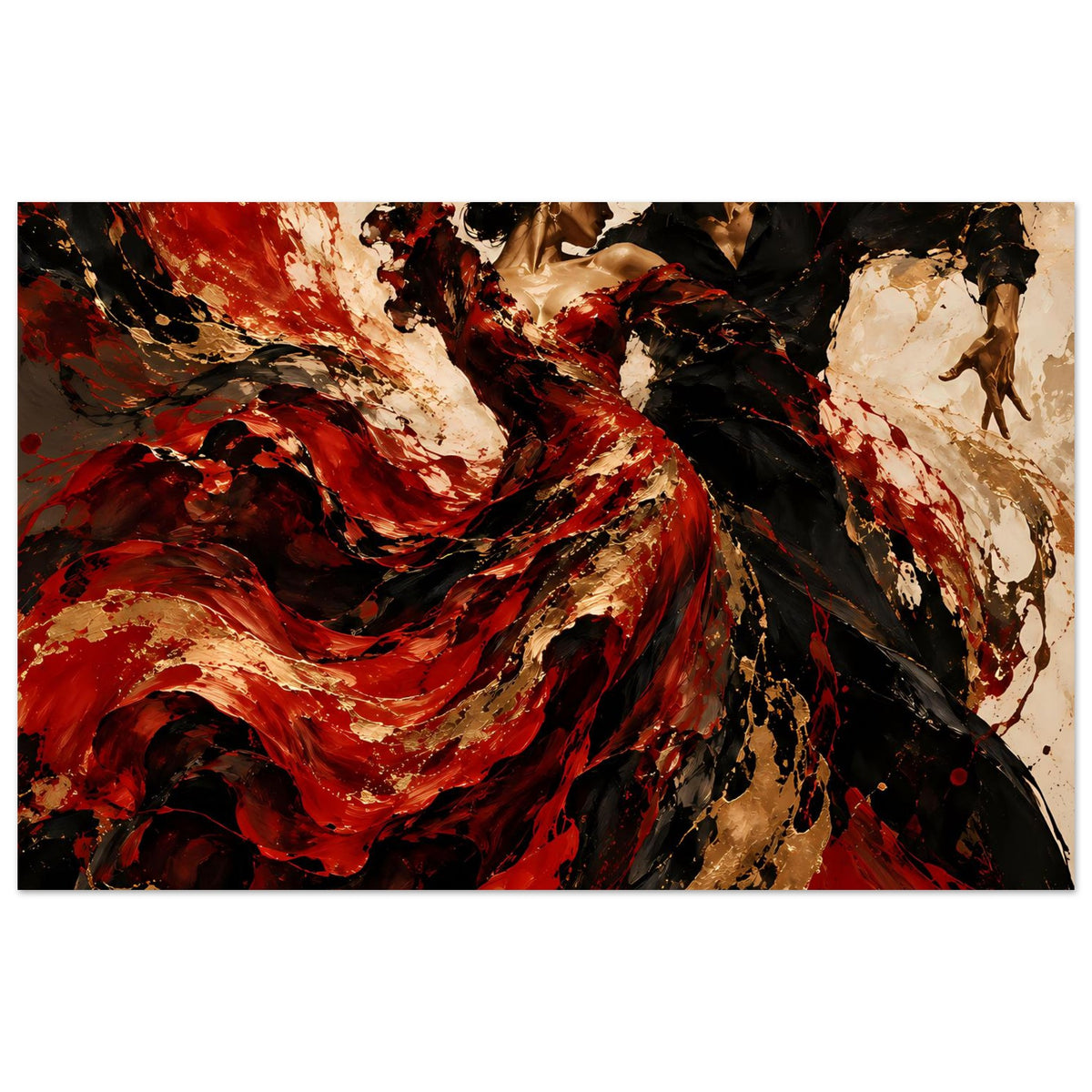Kunstposter mit abstrakten Flamenco-Tänzern, rot-goldene Schriftwirbel und schwarze Details
