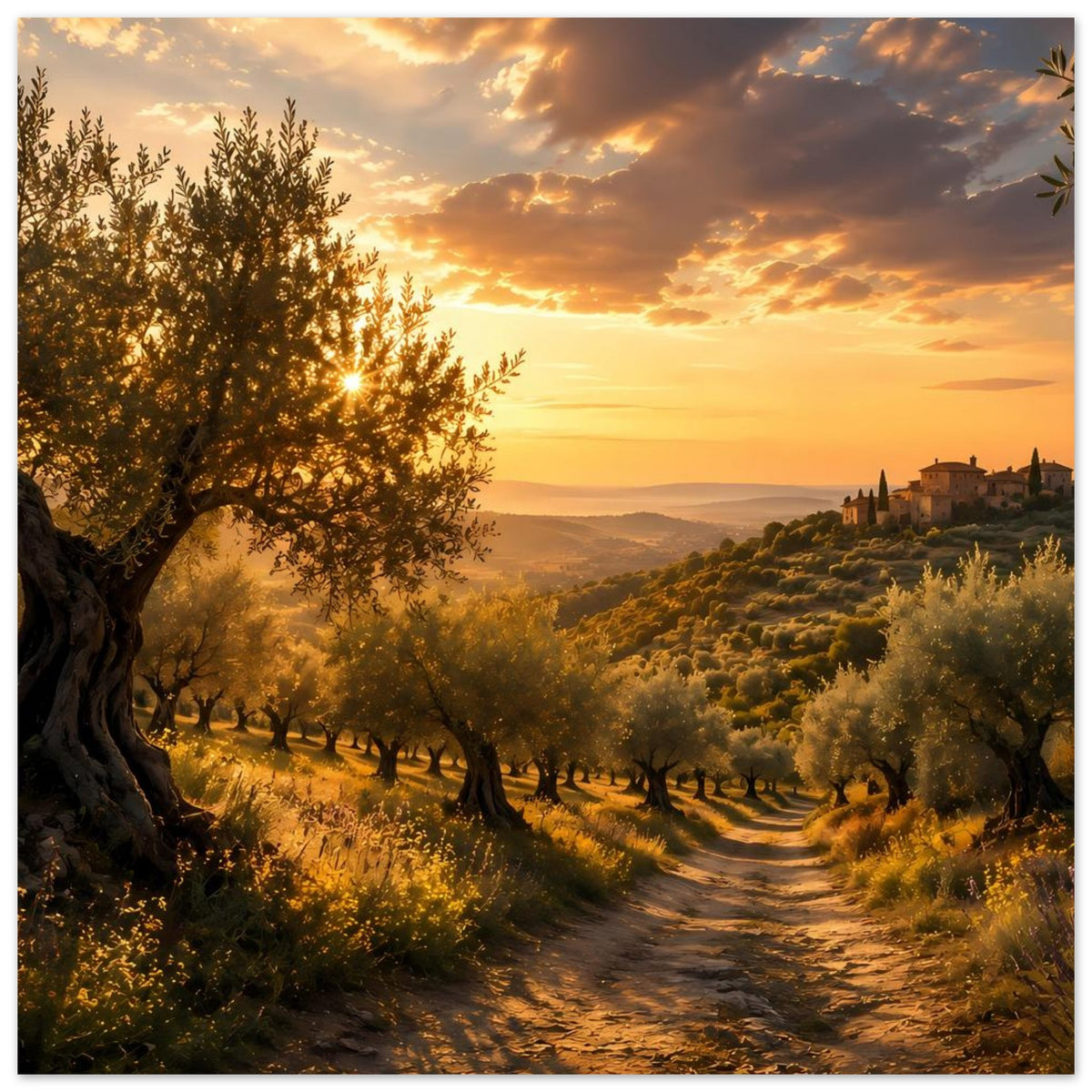 Poster zeigt Olivenbäume, Feldweg im Vordergrund und Dorf rechts bei Sonnenuntergang