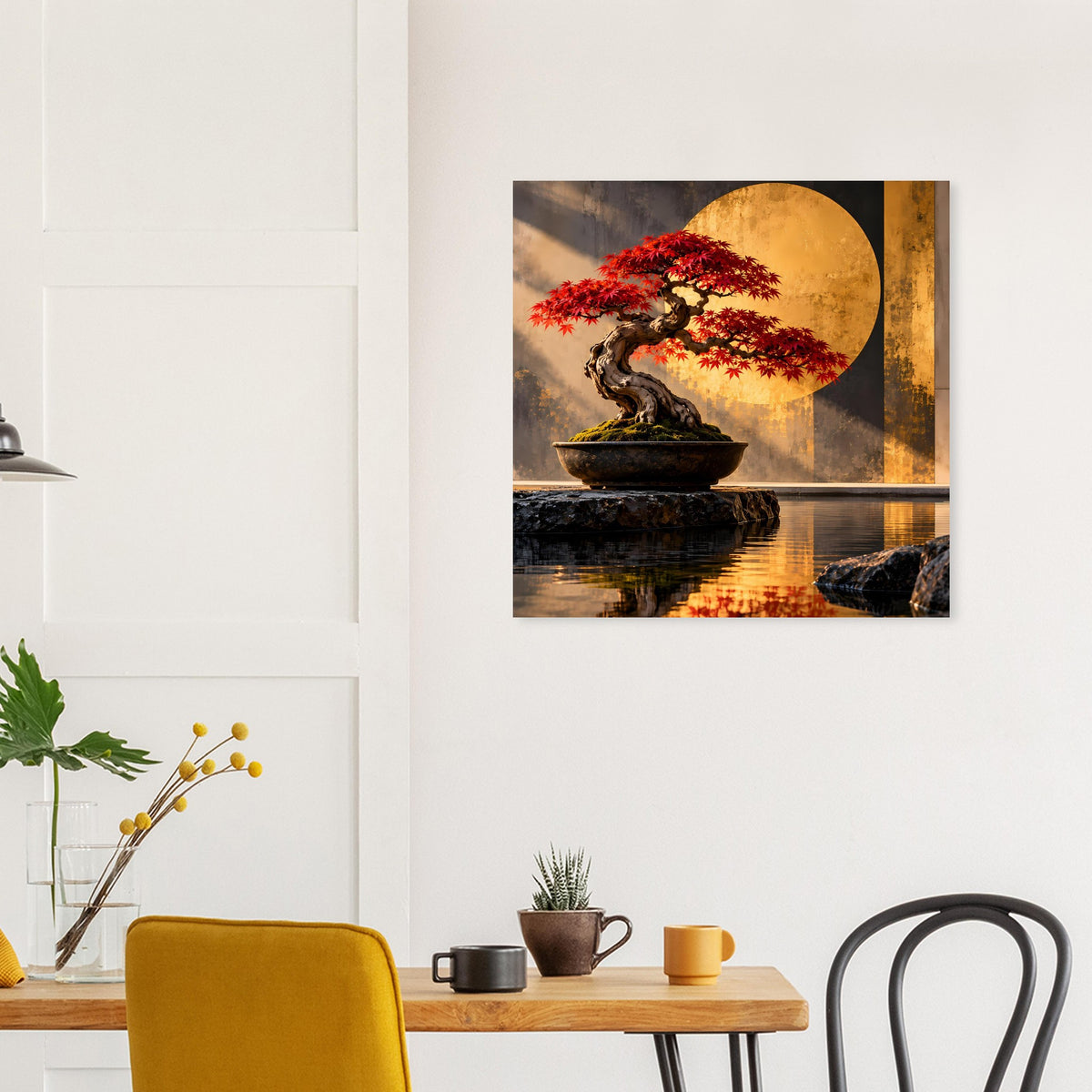 Bonsai-Poster mit rotem Ahorn, goldener Kreisform, dunkler Bonsaischale und Spiegelung
