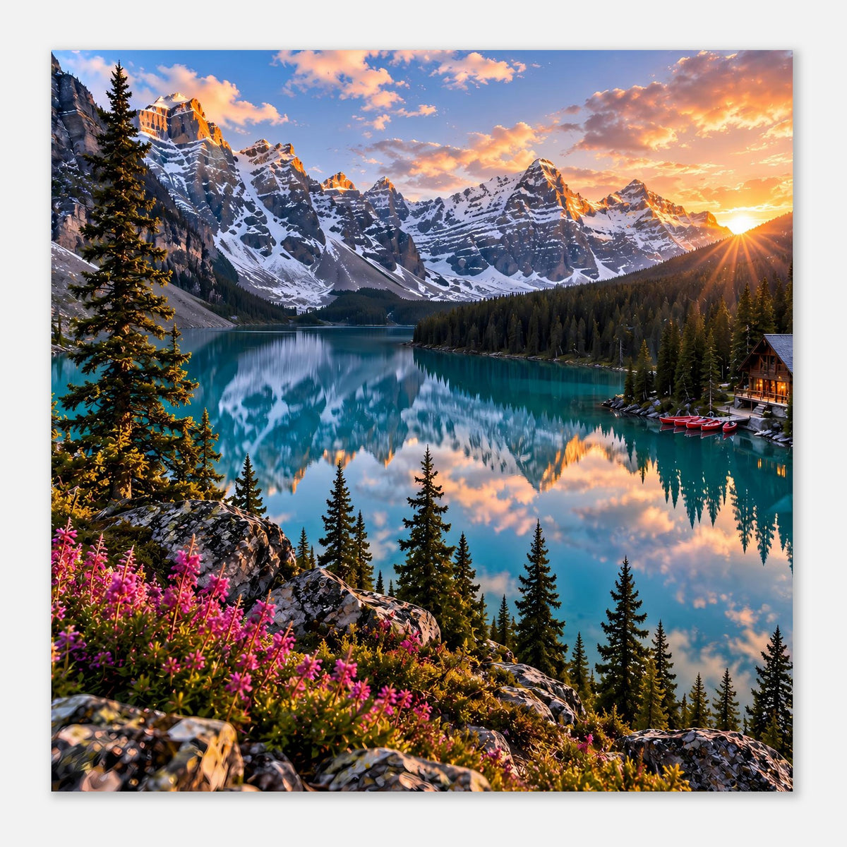 Wandposter mit Bergsee-Landschaft, schneebedeckten Bergen, türkisfarbenem Wasser und Kiefern