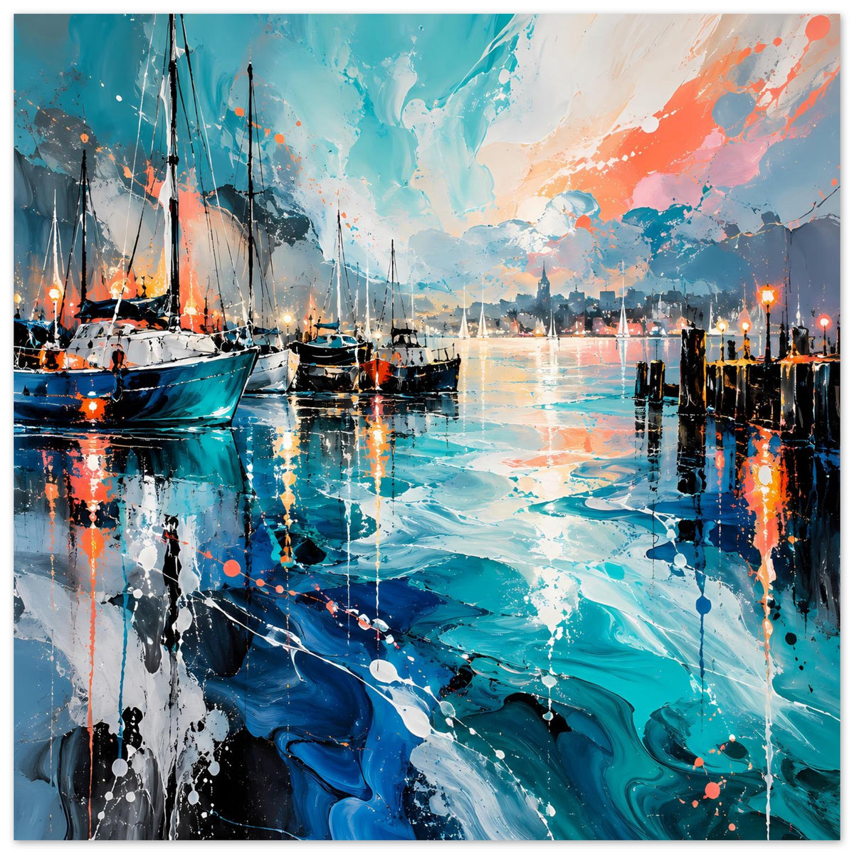 Hochformat-Poster Hafen mit Segelbooten, blauem Gewässer und orangefarbenem Himmel