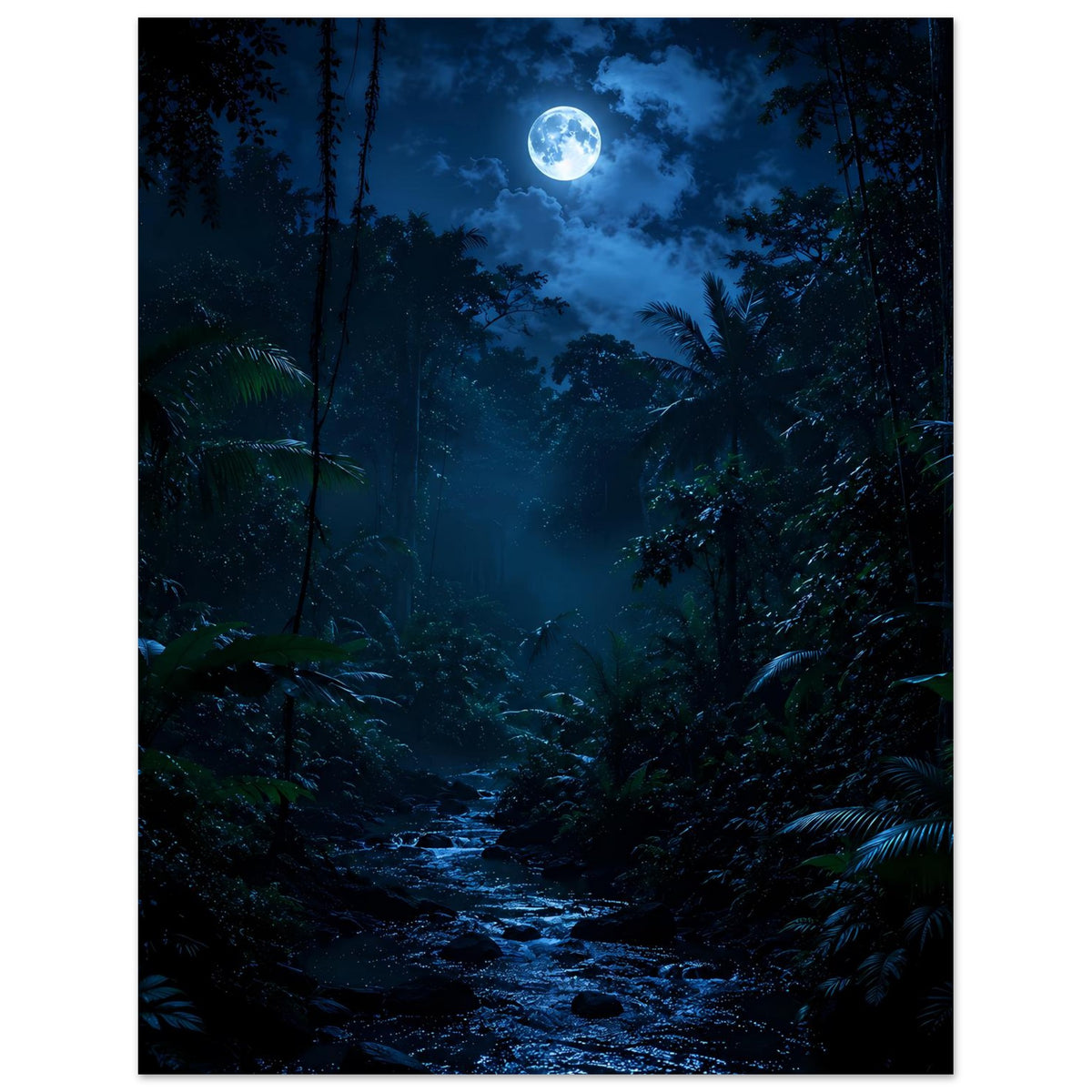 Vertikales Poster mit Vollmond über dichtem Dschungel und blau schimmerndem Bach