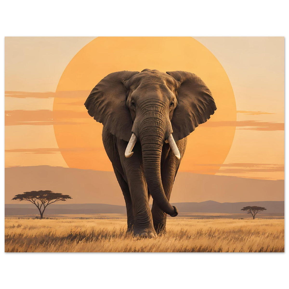 Hochformat-Poster mit dunkelgrauem Elefant, Sonnenkreis und orangefarbener Abendlandschaft