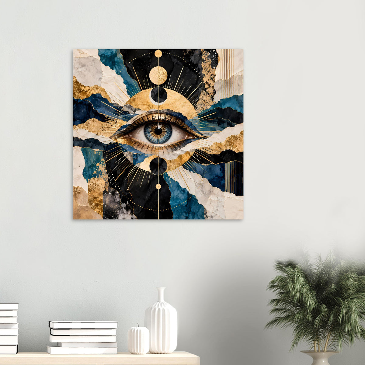 Wandposter mit stilisiertem Auge, türkisblauem und goldenem Muster auf dunklem Grund