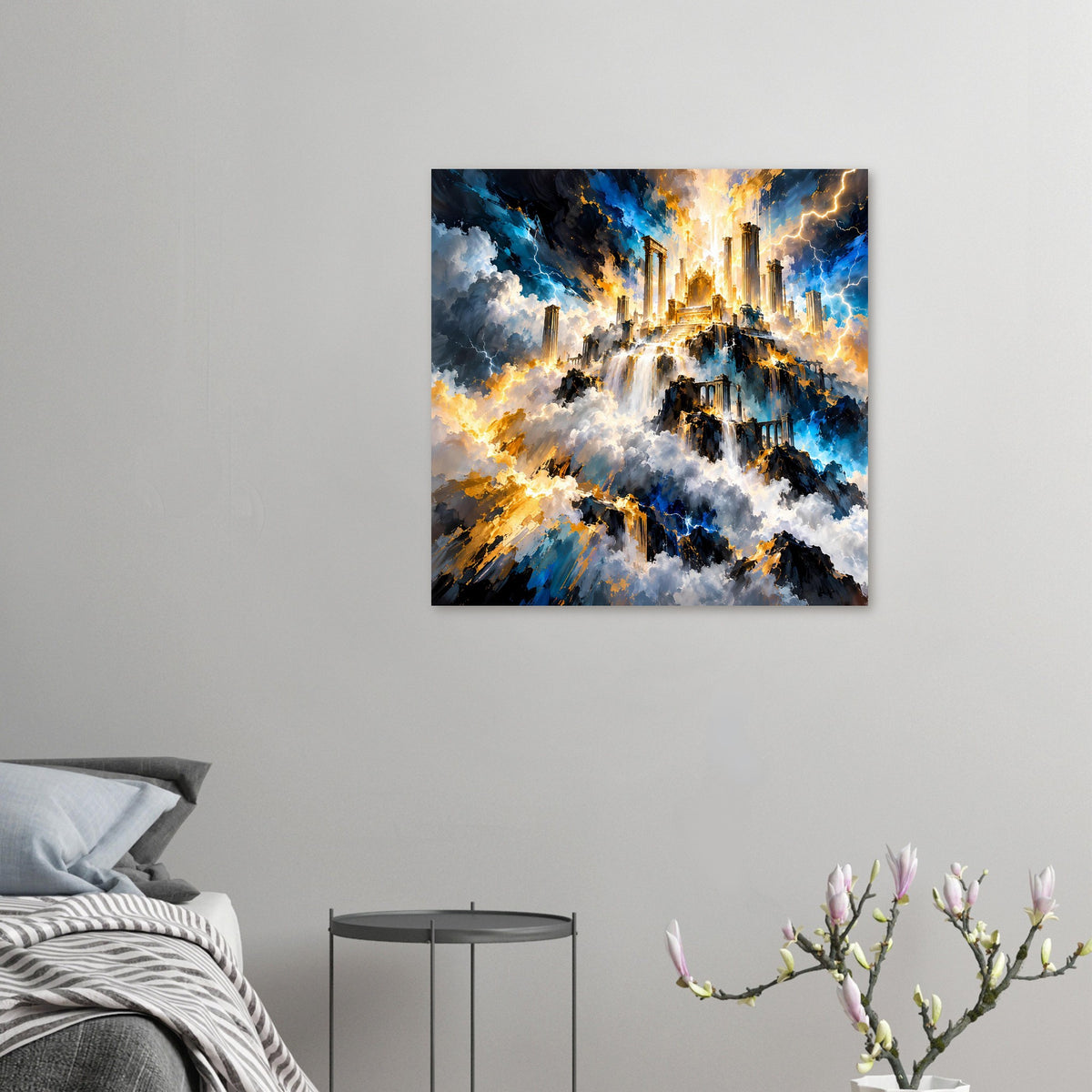 Fantasy-Poster, kleiner Druck: goldener Himmel über Ruinen, blaue Wolken und leuchtende Türme