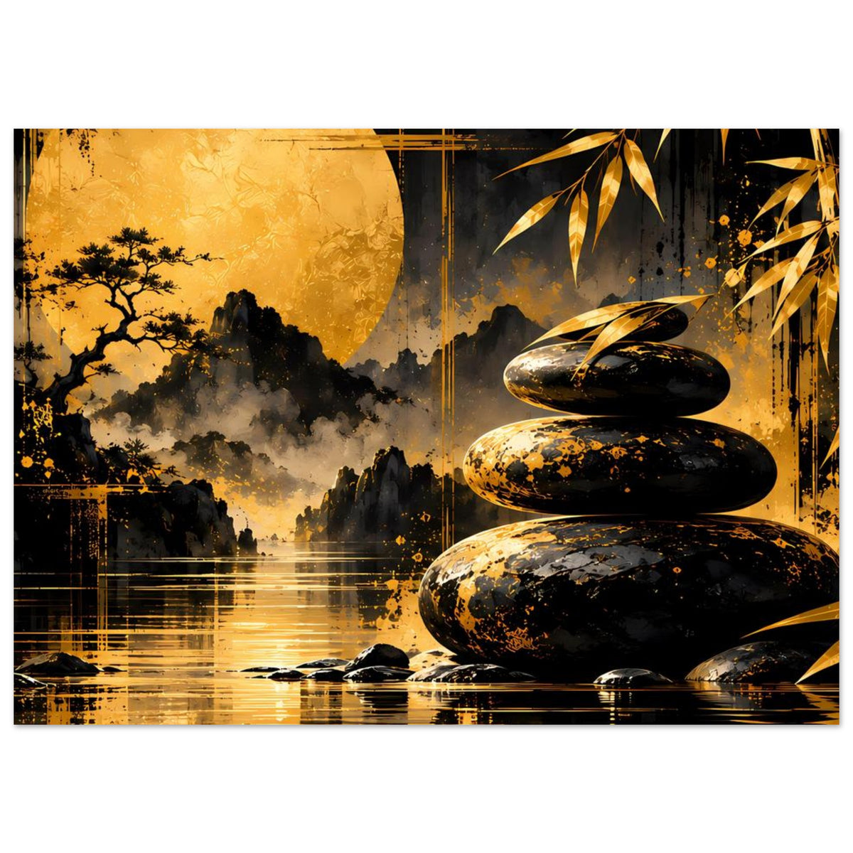 Horizontale Wandkunst Zen mit goldener Sonne/ Mond, schwarzen Steinen, Bambus und Spiegelung