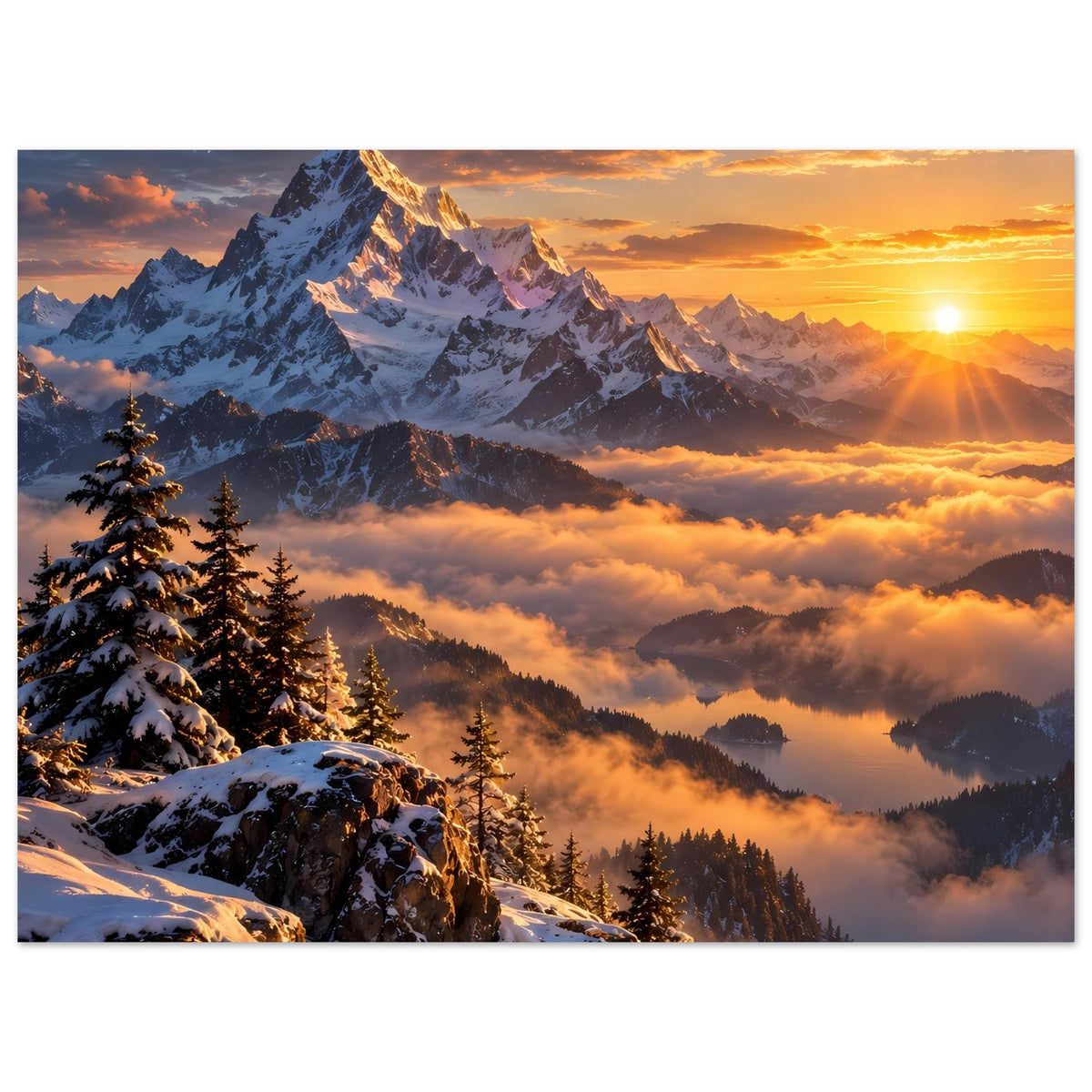 Horizontales Poster mit Berggipfel im Morgenlicht, Sonnenstrahlen und verschneiten Tannen
