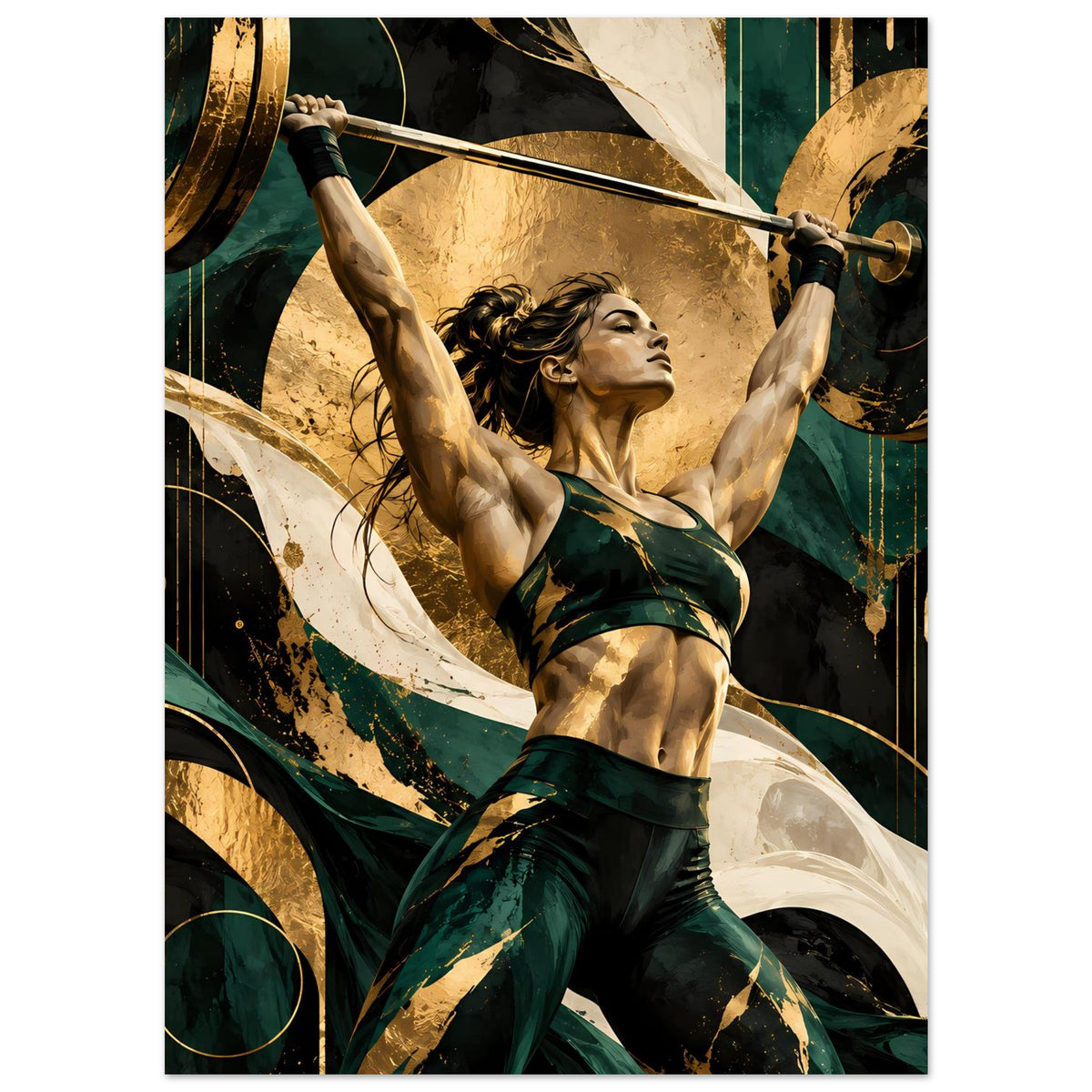 Kunstposter mit Athletin in grüner Sportkleidung und goldenen Gewichten, kraftvolle Haltung